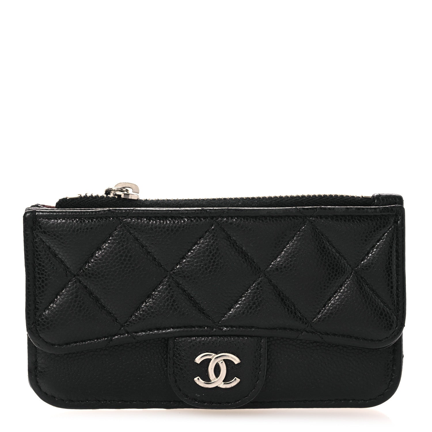 Caviar Quilted Flap Zip Card Holder Black