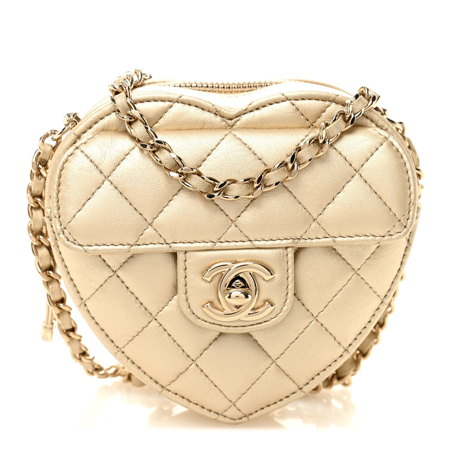 Metallic Lambskin Quilted CC In Love Heart Clutch With Chain Gold