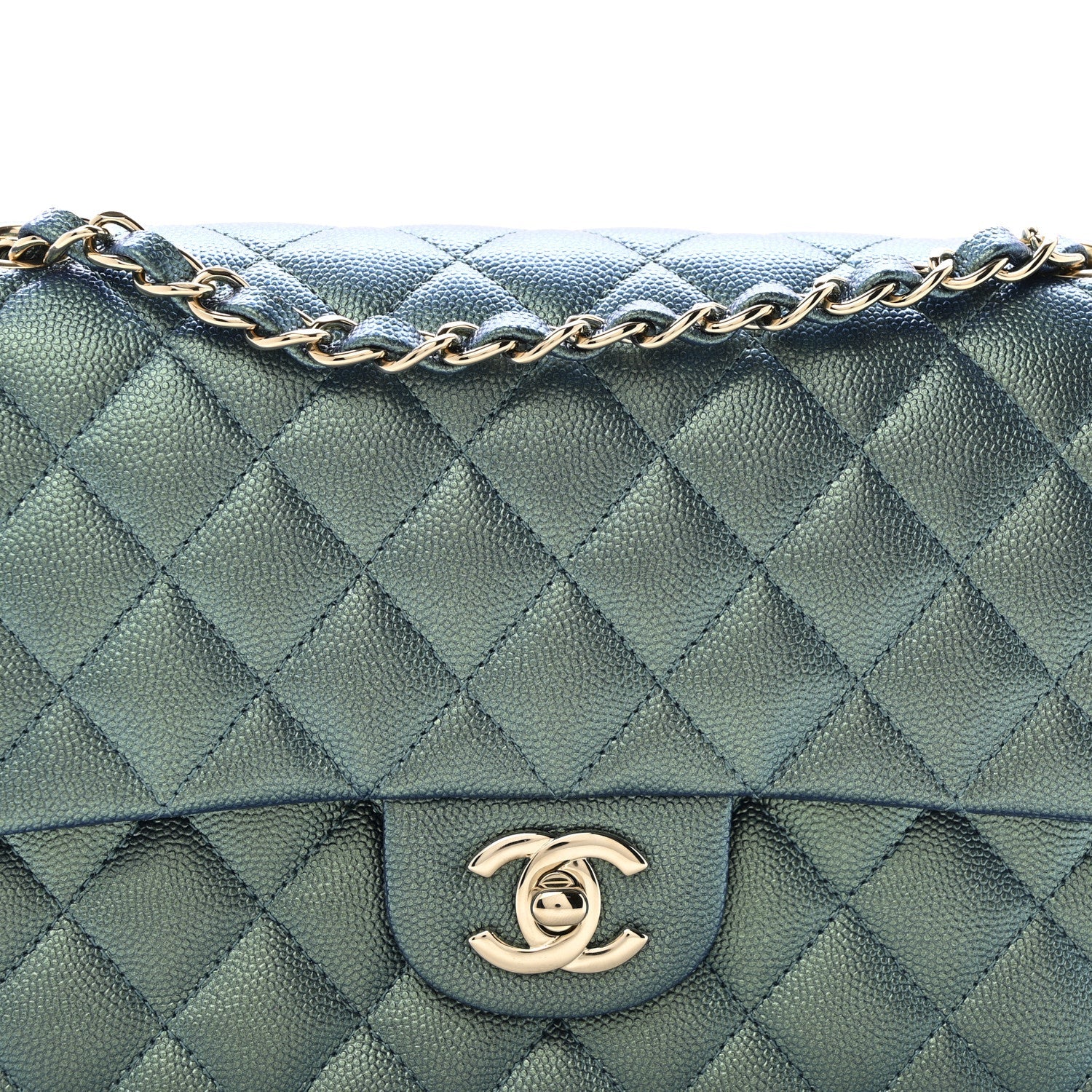 Iridescent Caviar Quilted Medium Double Flap Green