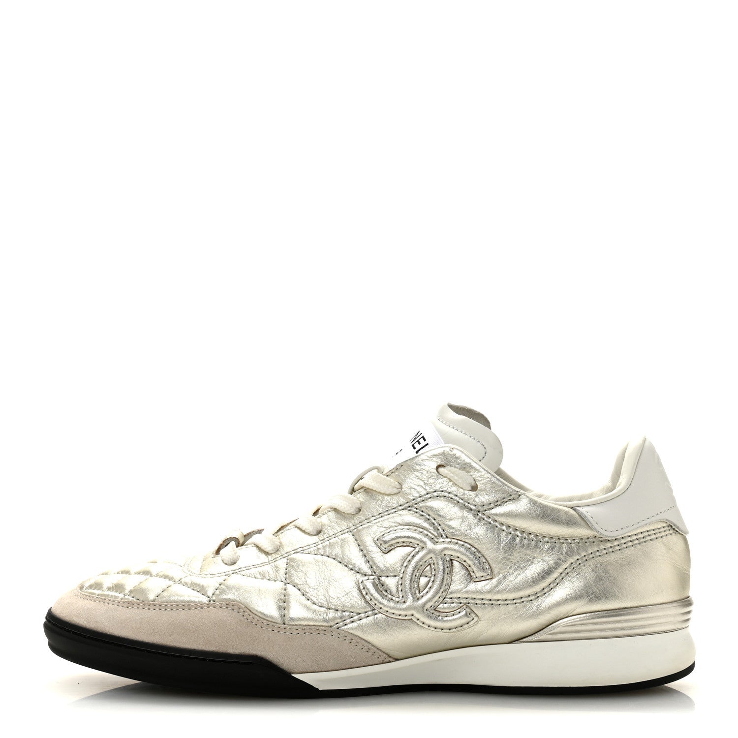 Laminated Calfskin Suede Quilted Womens CC Sneakers 39 Silver White Gray