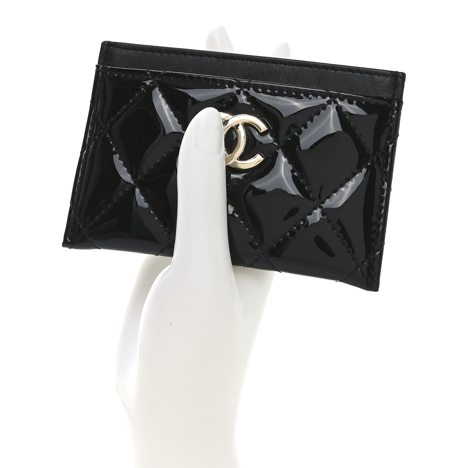 Patent Calfskin Quilted Card Holder Black