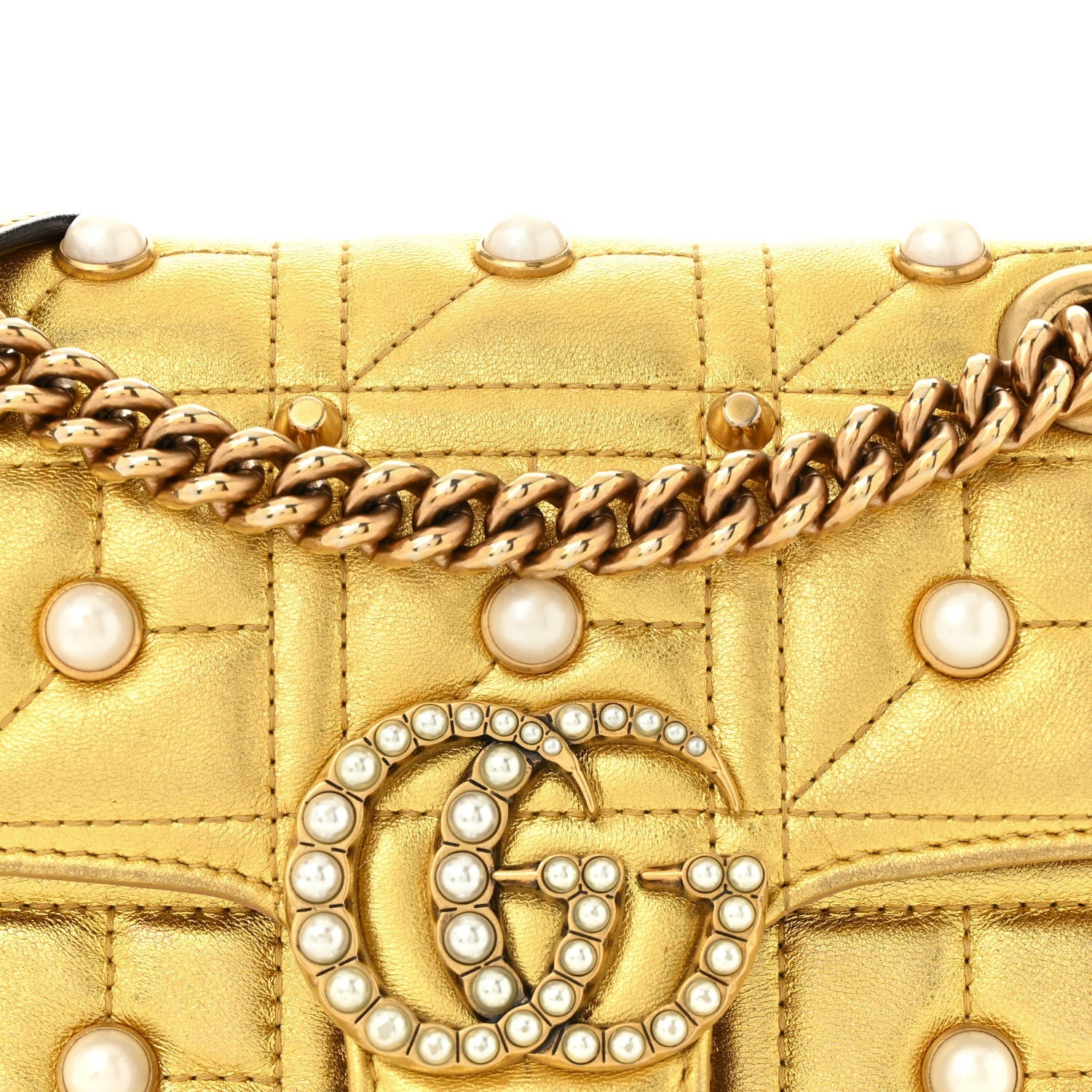 Metallic Calfskin Matelasse Studded Mini Pearly GG Marmont Shoulder Bag Gold
