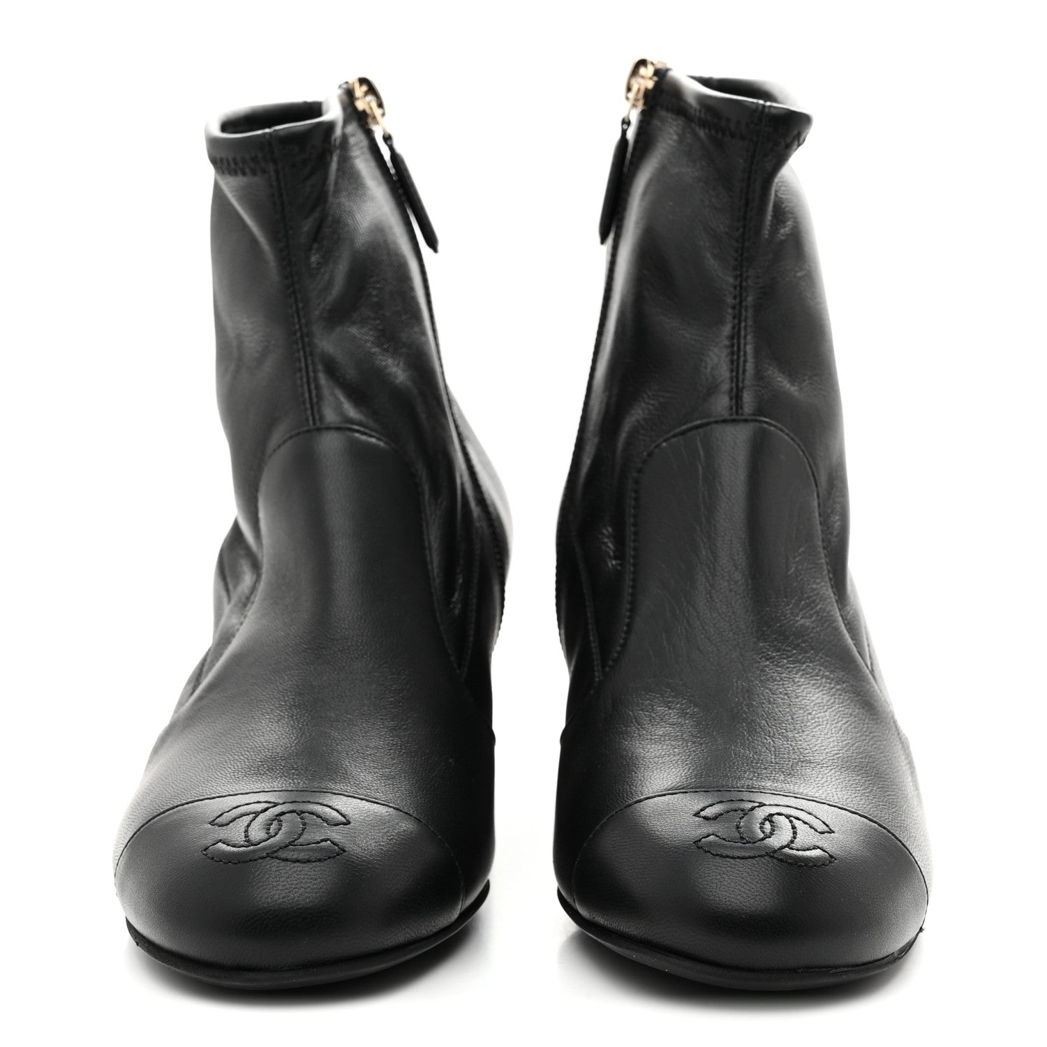Stretch Lambskin Cap Toe CC Uniform Short Boots 36 Black