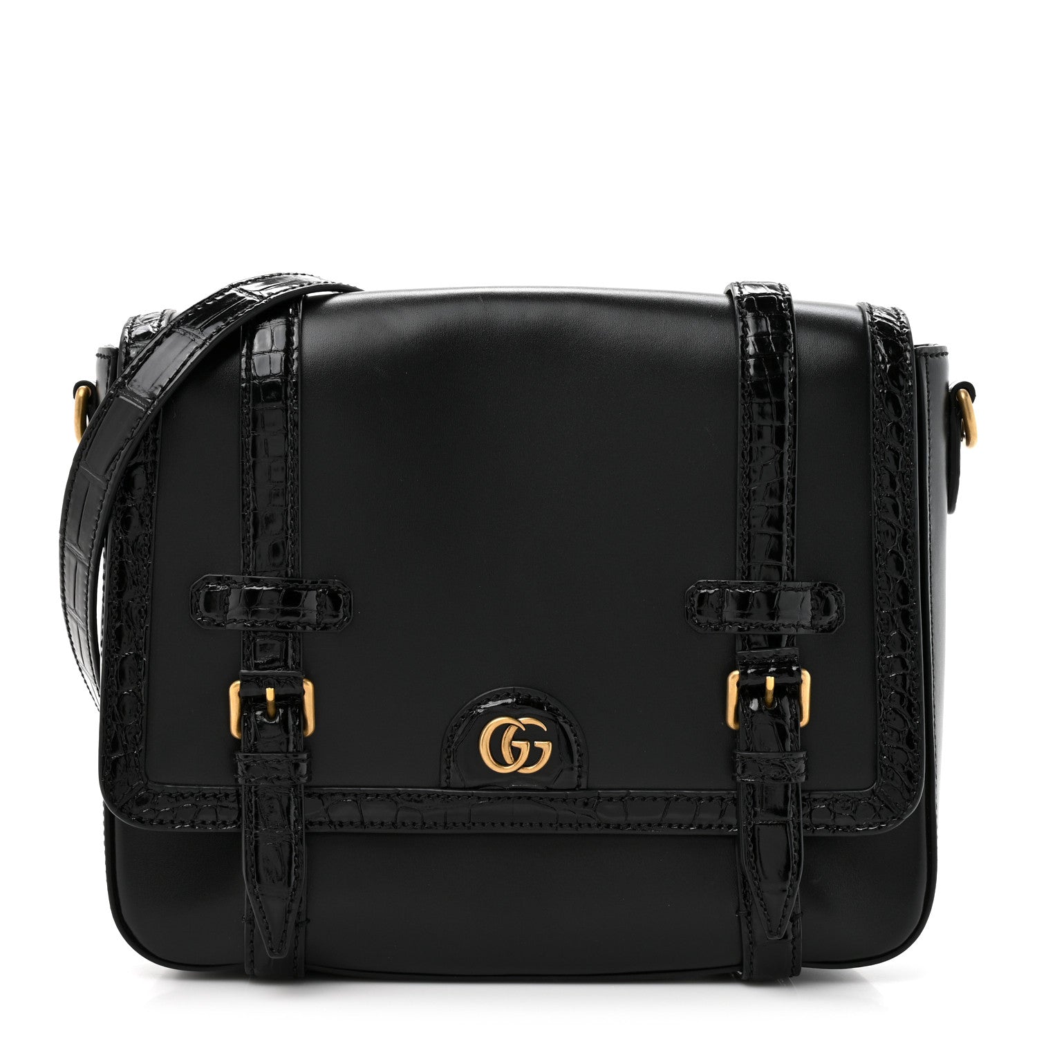 Calfskin Crocodile GG Double Buckle Medium Messenger Bag Black