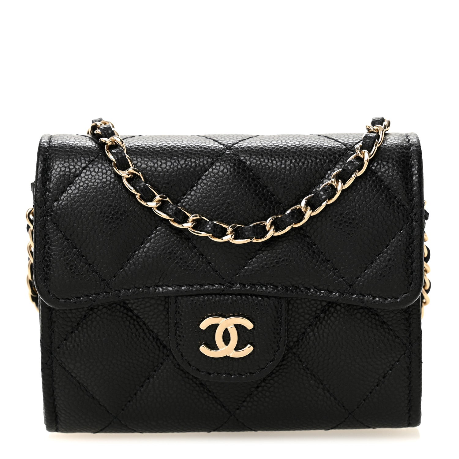 Caviar Quilted Flap Card Holder On Chain Black
