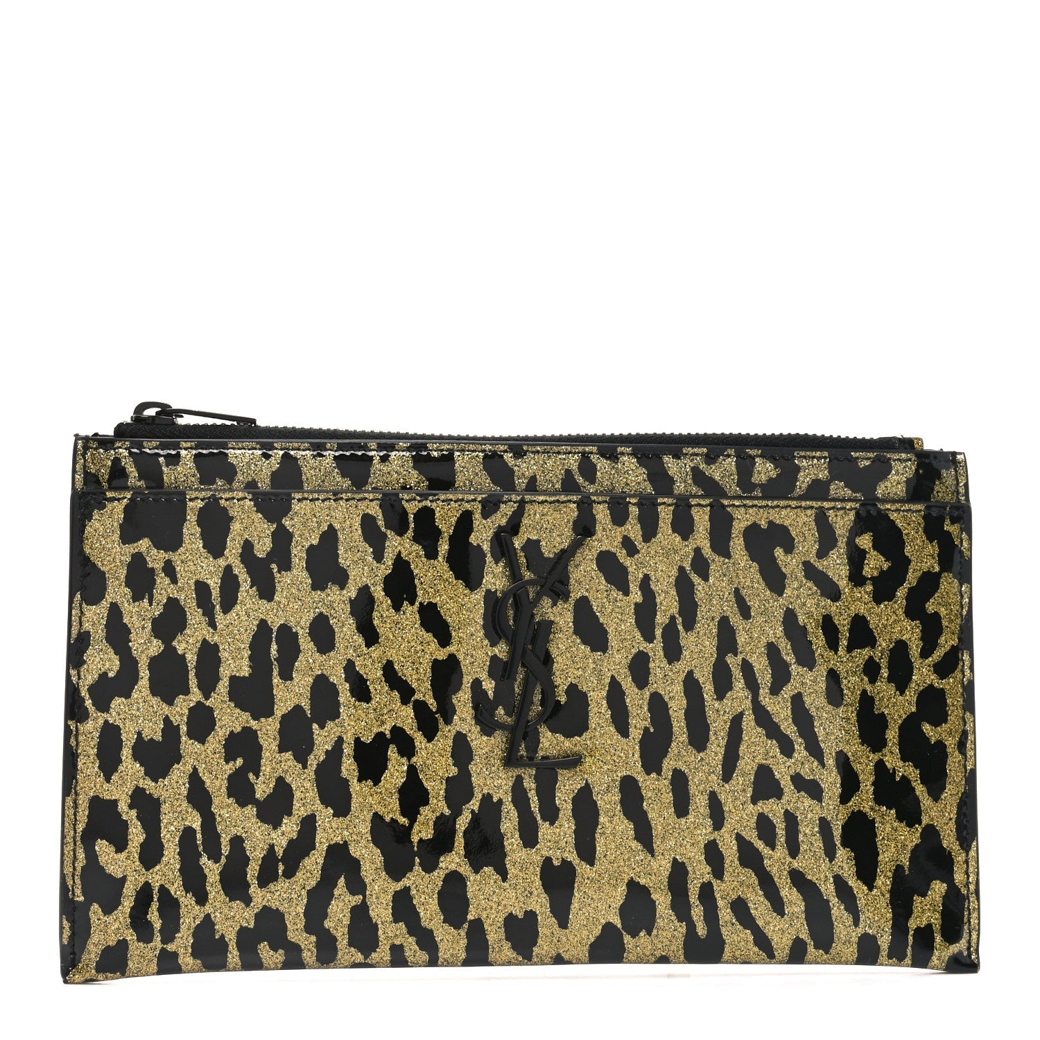 Patent Glitter Leopard Monogram Zip Pouch Gold Black