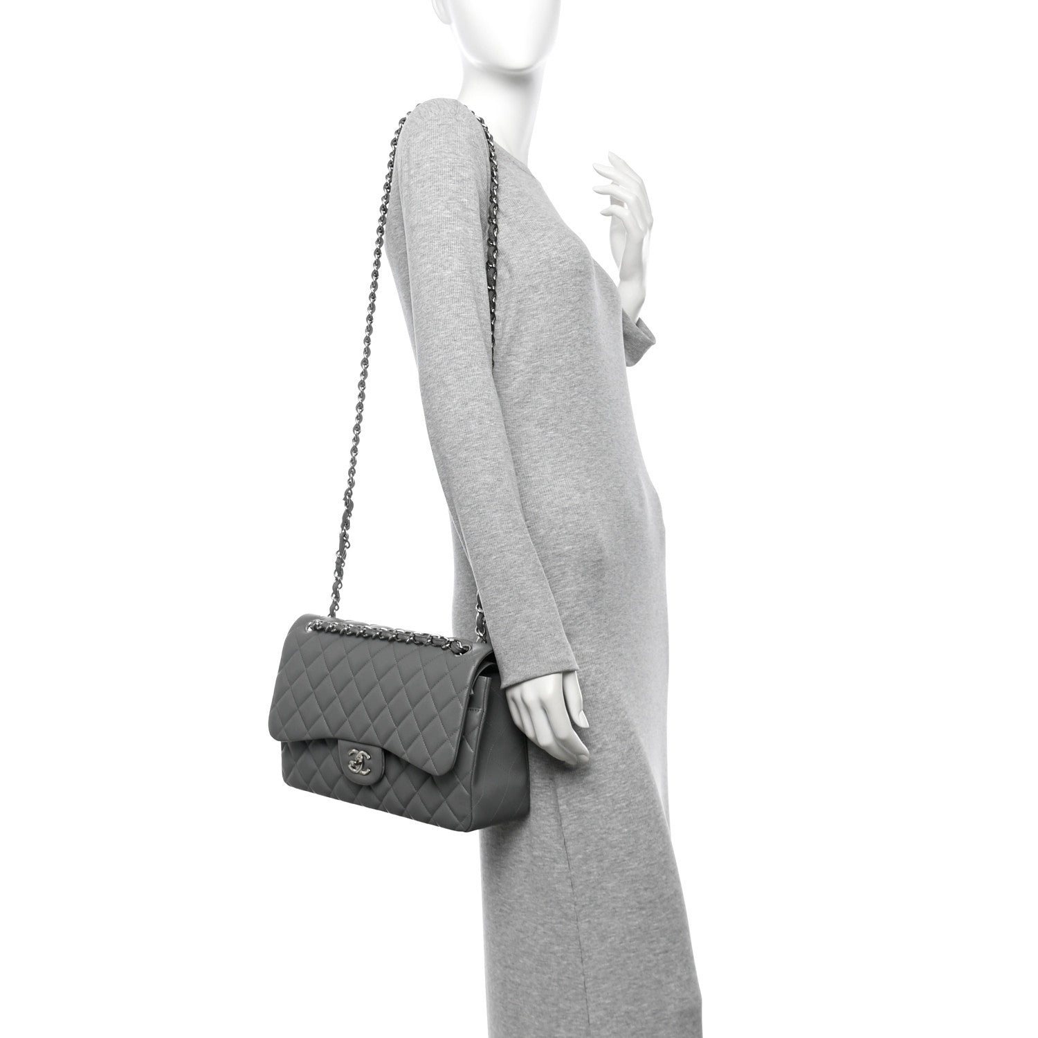Caviar Quilted Jumbo Double Flap Grey