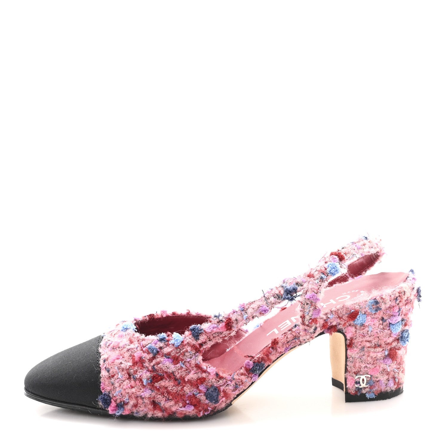 Tweed Grosgrain Cap Toe CC Slingback Pumps 36.5 Pink Black