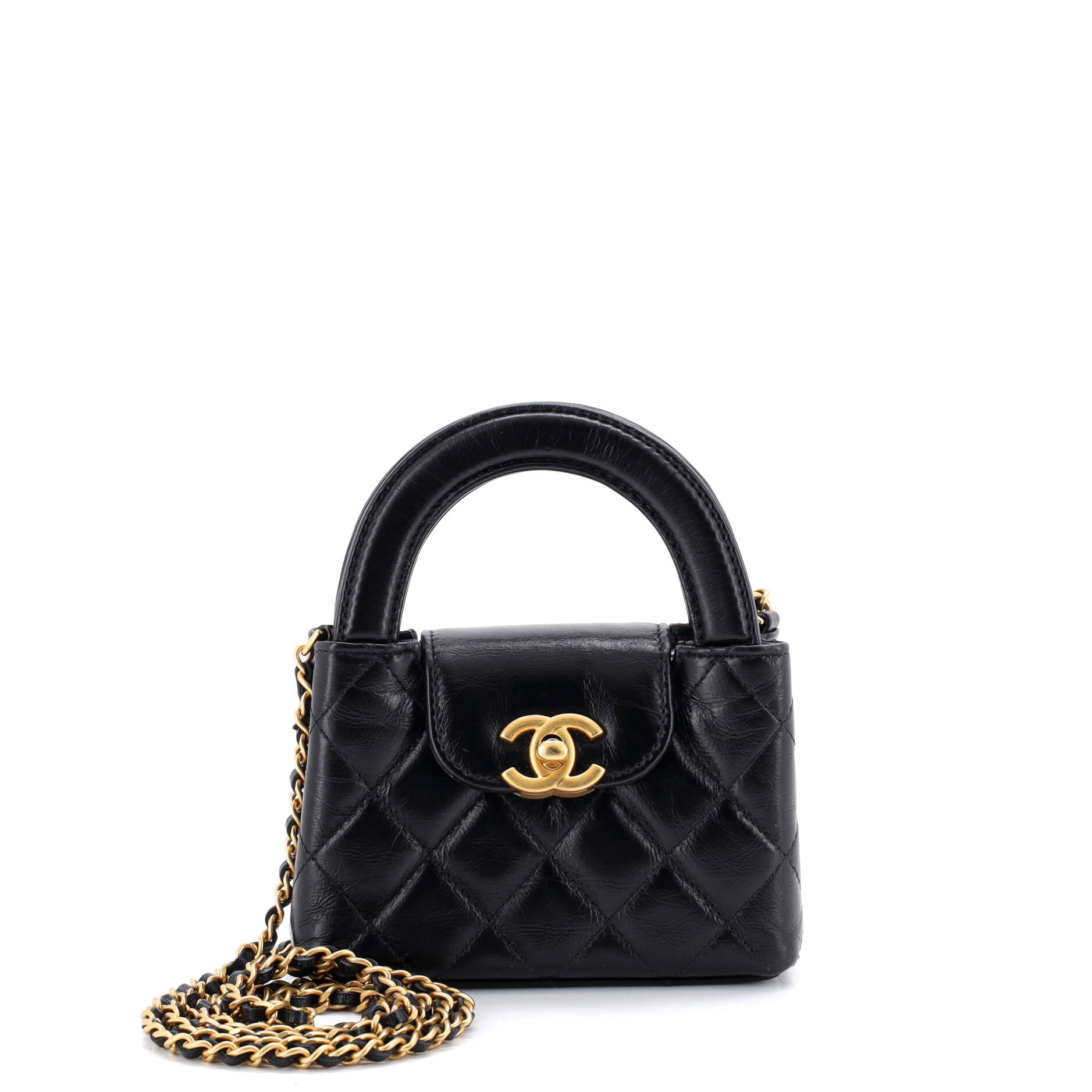 Kelly Top Handle Shopping Bag Quilted Shiny Aged Calfskin Nano