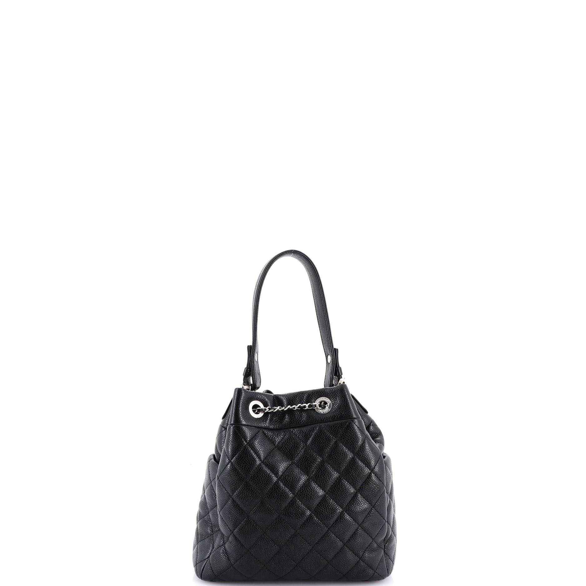CC Chain Drawstring Bucket Bag Quilted Caviar Mini