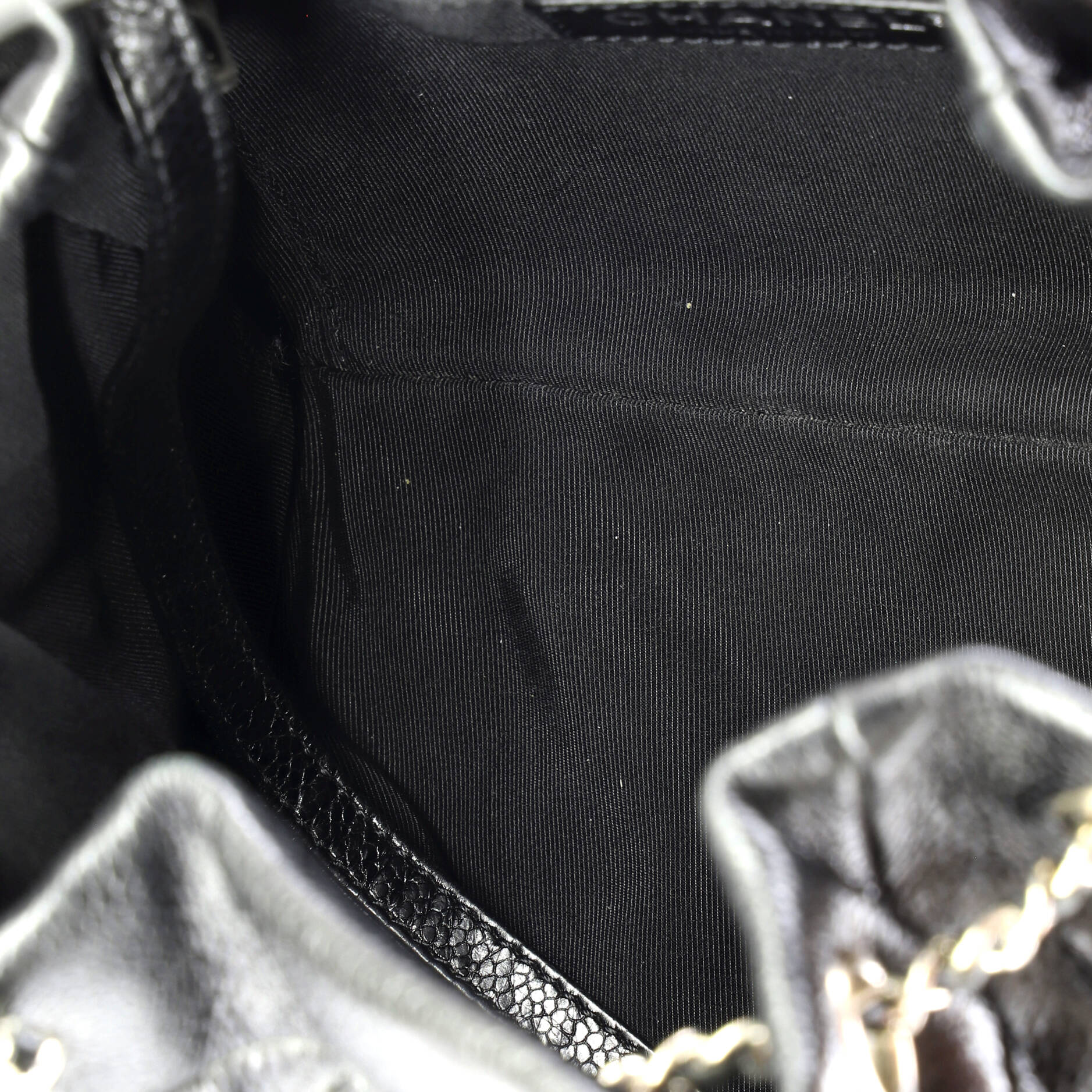 CC Chain Drawstring Bucket Bag Quilted Caviar Mini