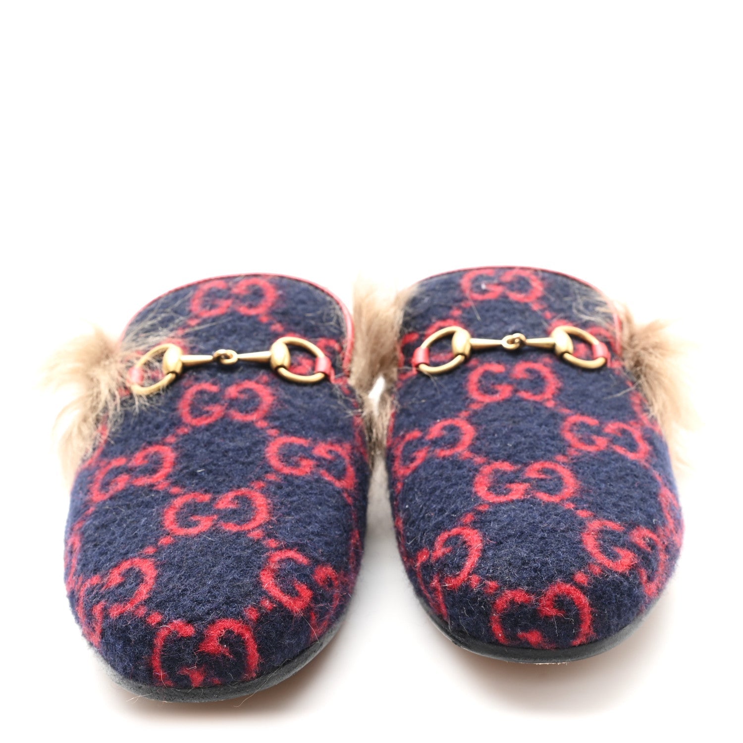 Covered Wool Big GG Monogram Fur Womens Princetown Slippers 36 Blue Red Butterscotch