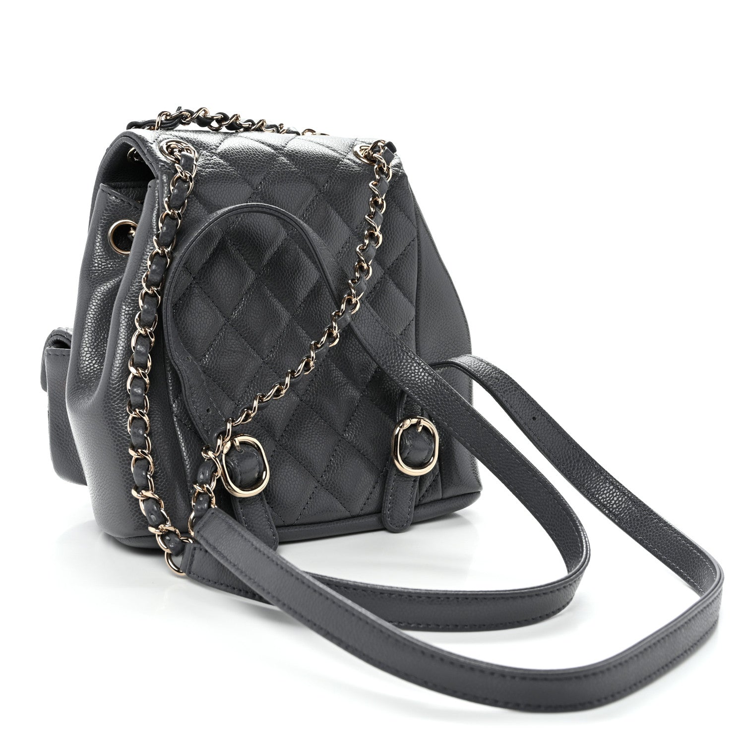 Shiny Caviar Quilted Small Duma Pockets Drawstring Backpack Grey