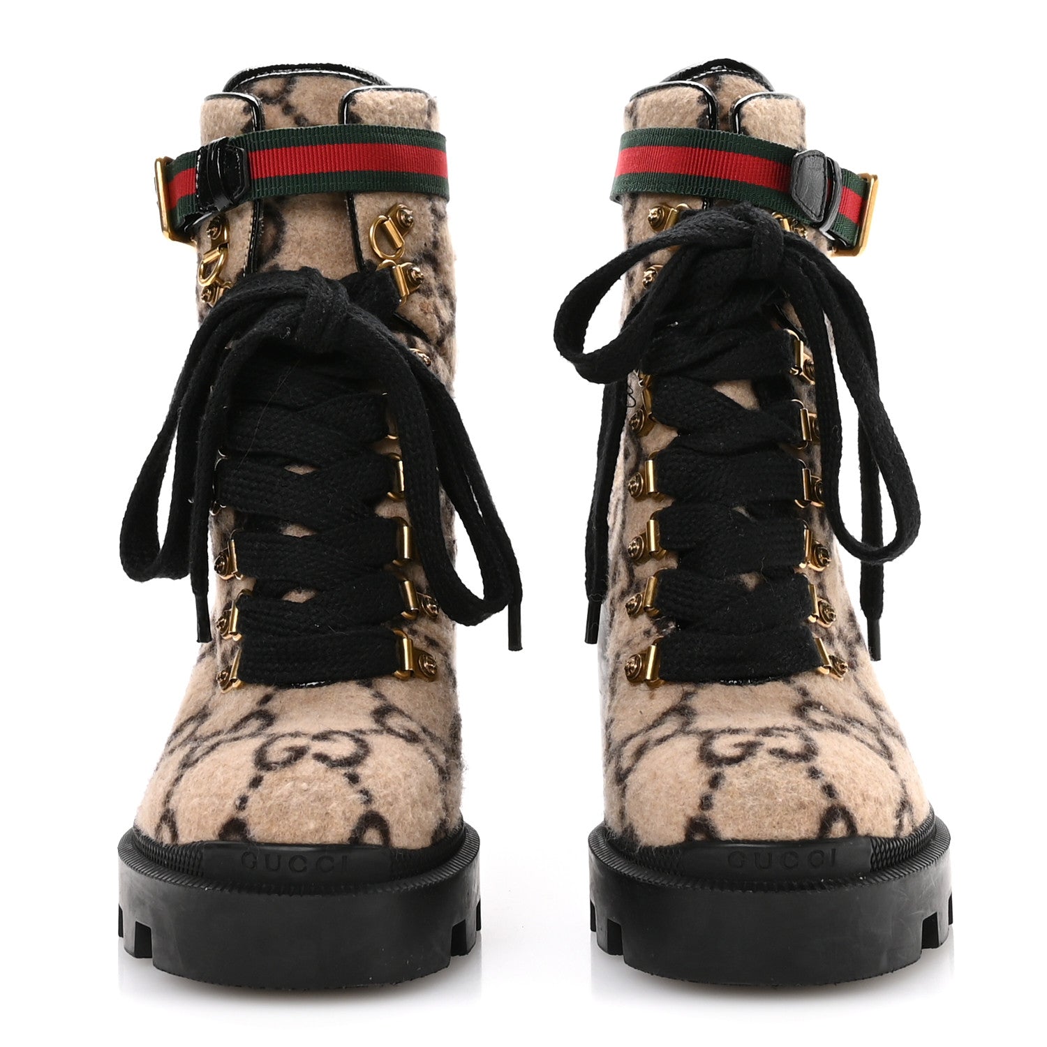 Covered Wool GG Monogram Womens Lace Up Combat Ankle Boots 35 Beige Ebony Black
