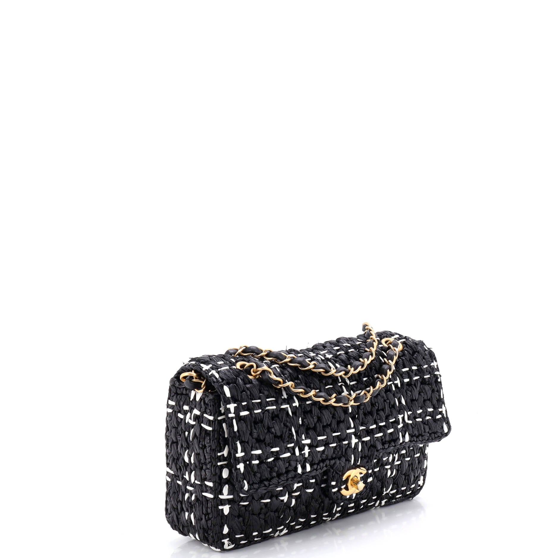 CC Chain Flap Bag Tweed Effect Braided Raffia Medium