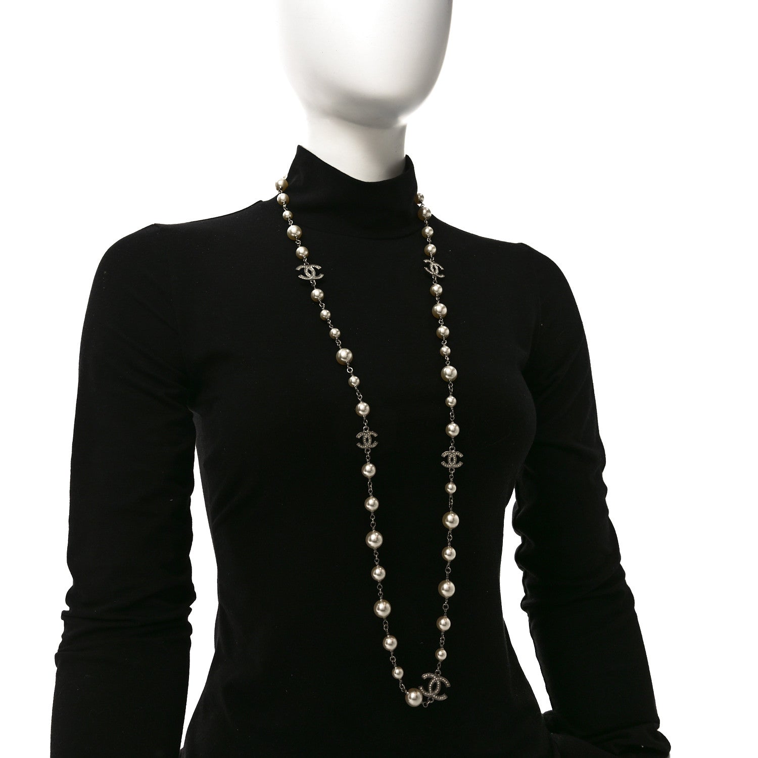 Graduated Pearl Crystal CC Long Necklace Silver