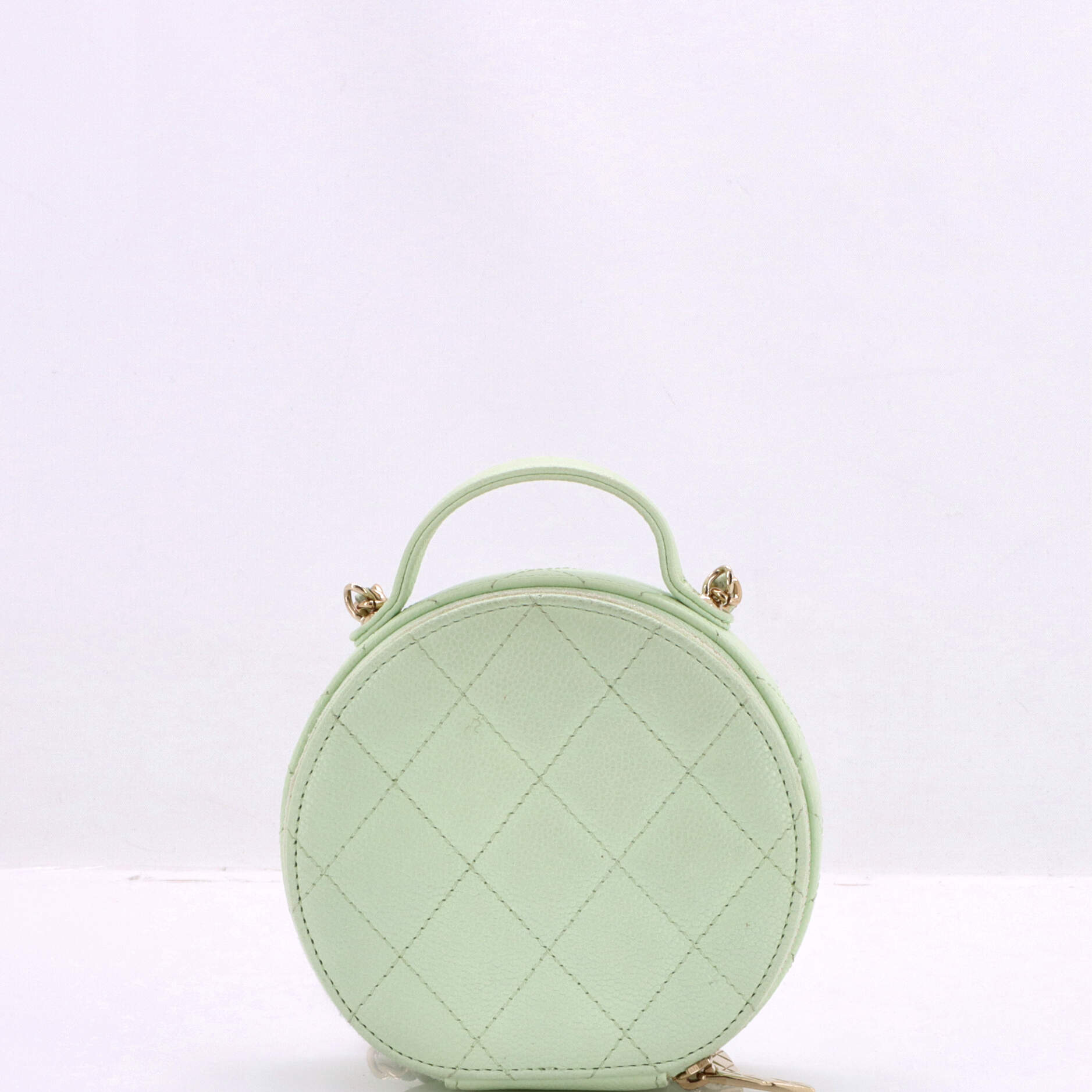 Handle with Care Round Vanity Case with Chain Quilted Caviar Small
