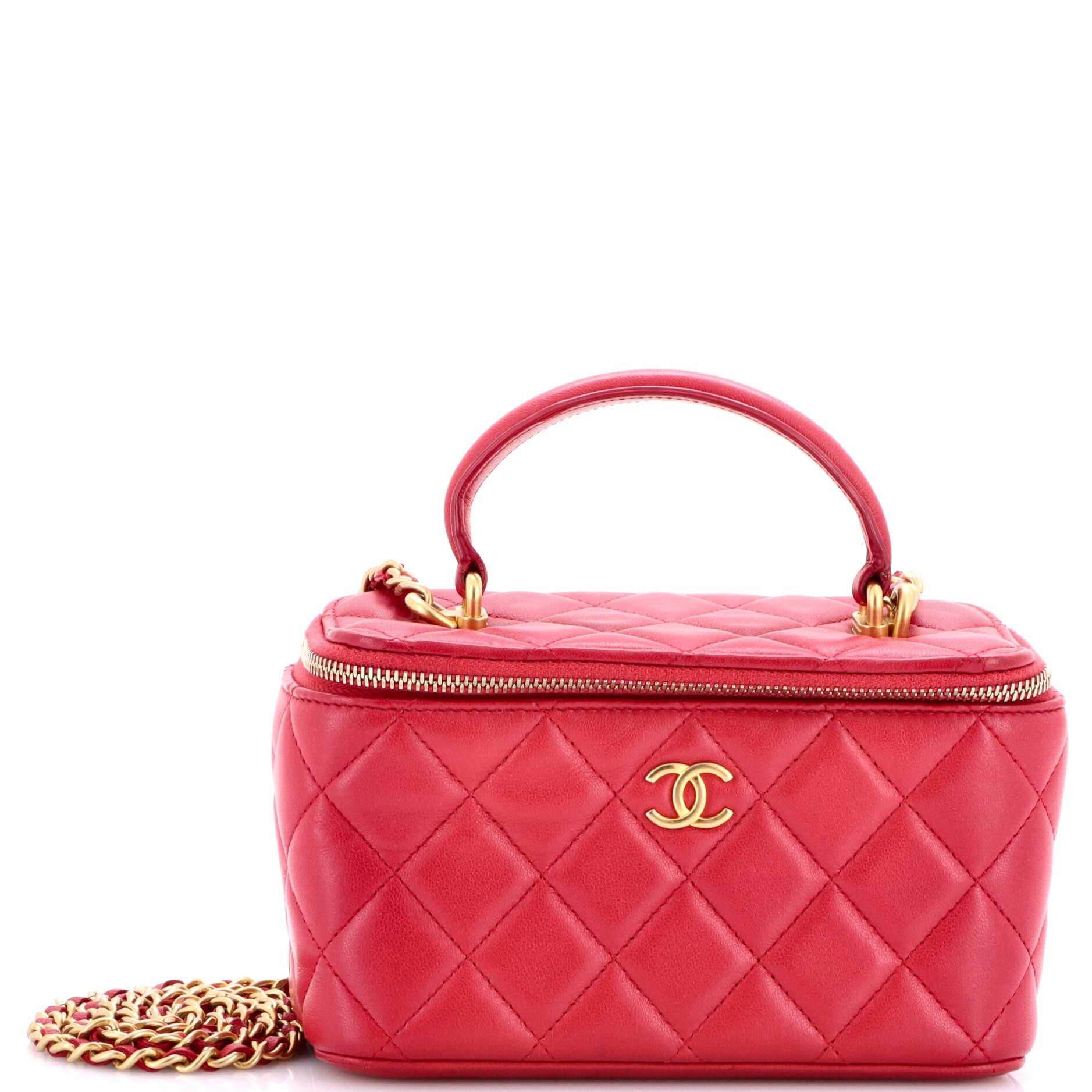 Classic Top Handle Vanity Case with Chain Quilted Lambskin Small