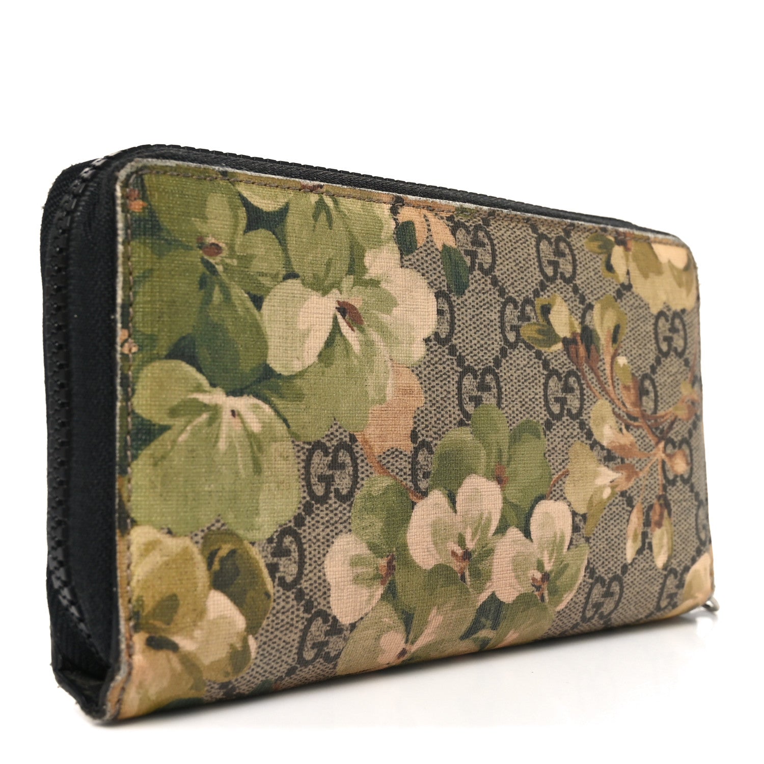 GG Supreme Monogram Blooms Zip Around Wallet Beige New Military Black