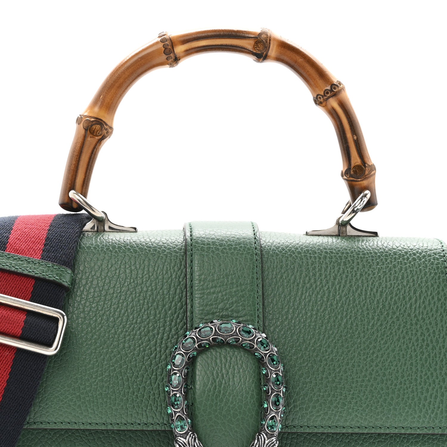 Dollar Calfskin Crystal Web Medium Dionysus Bamboo Top Handle Bag Emerald