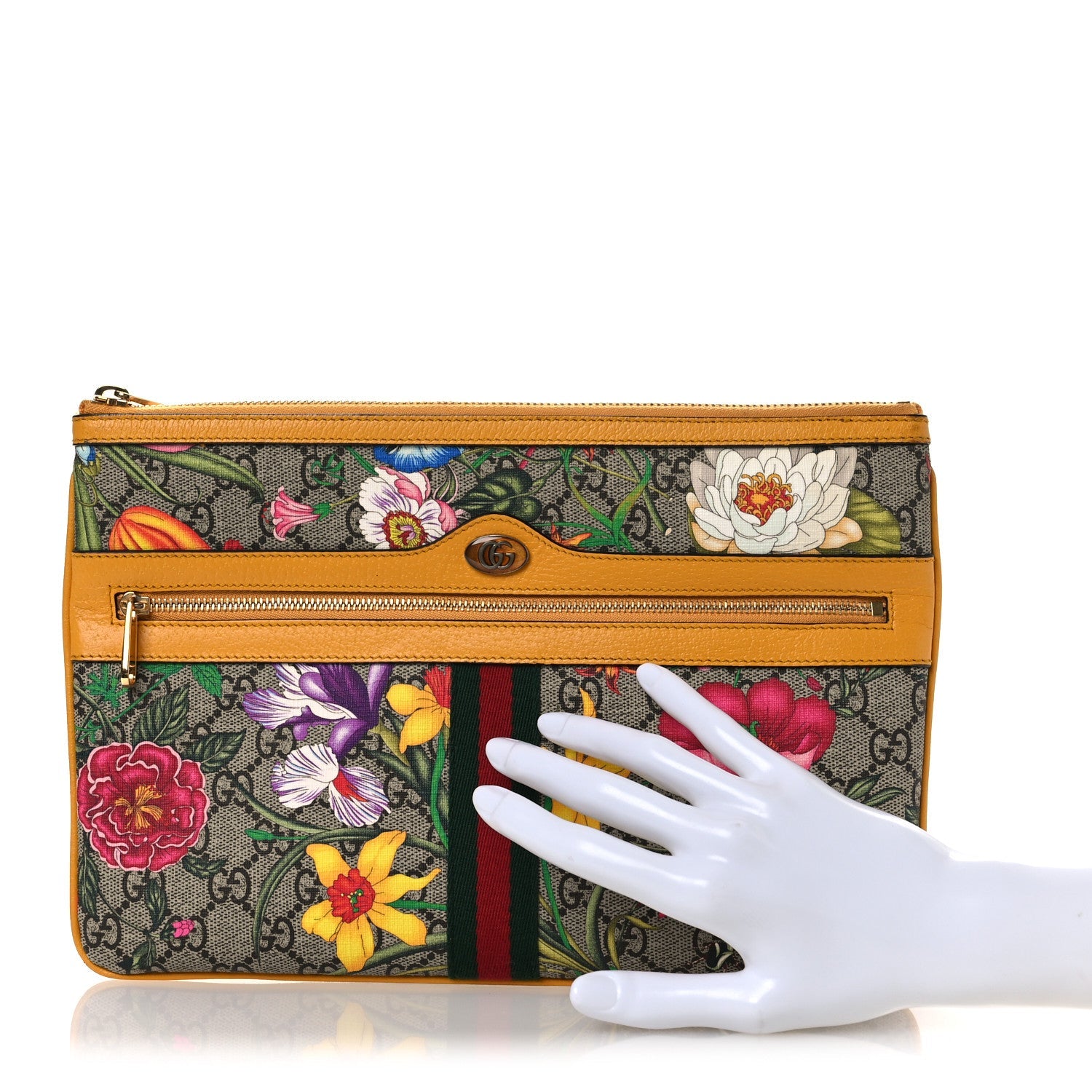 GG Supreme Monogram Flora Large Ophidia Pouch Clutch Beige Multicolor Crop