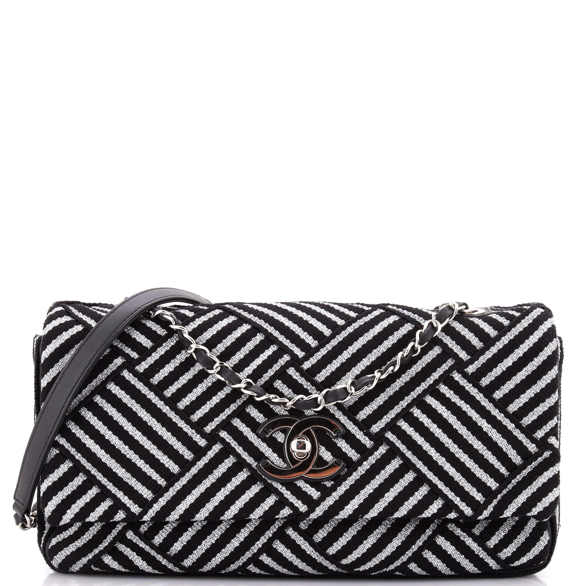CC Flap Bag Woven Striped Canvas Medium