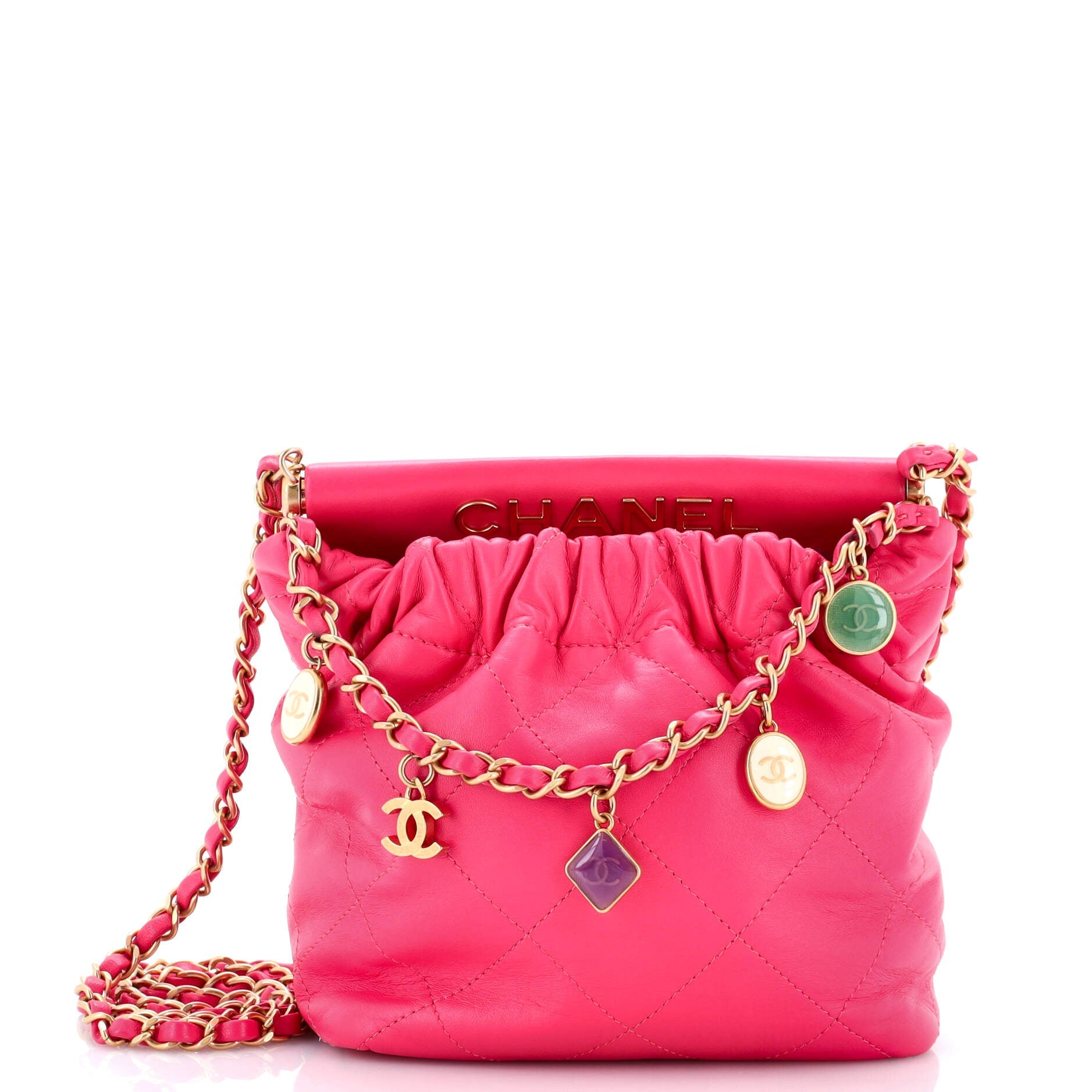 Resin Charms Chain Bucket Bag Quilted Lambskin Small