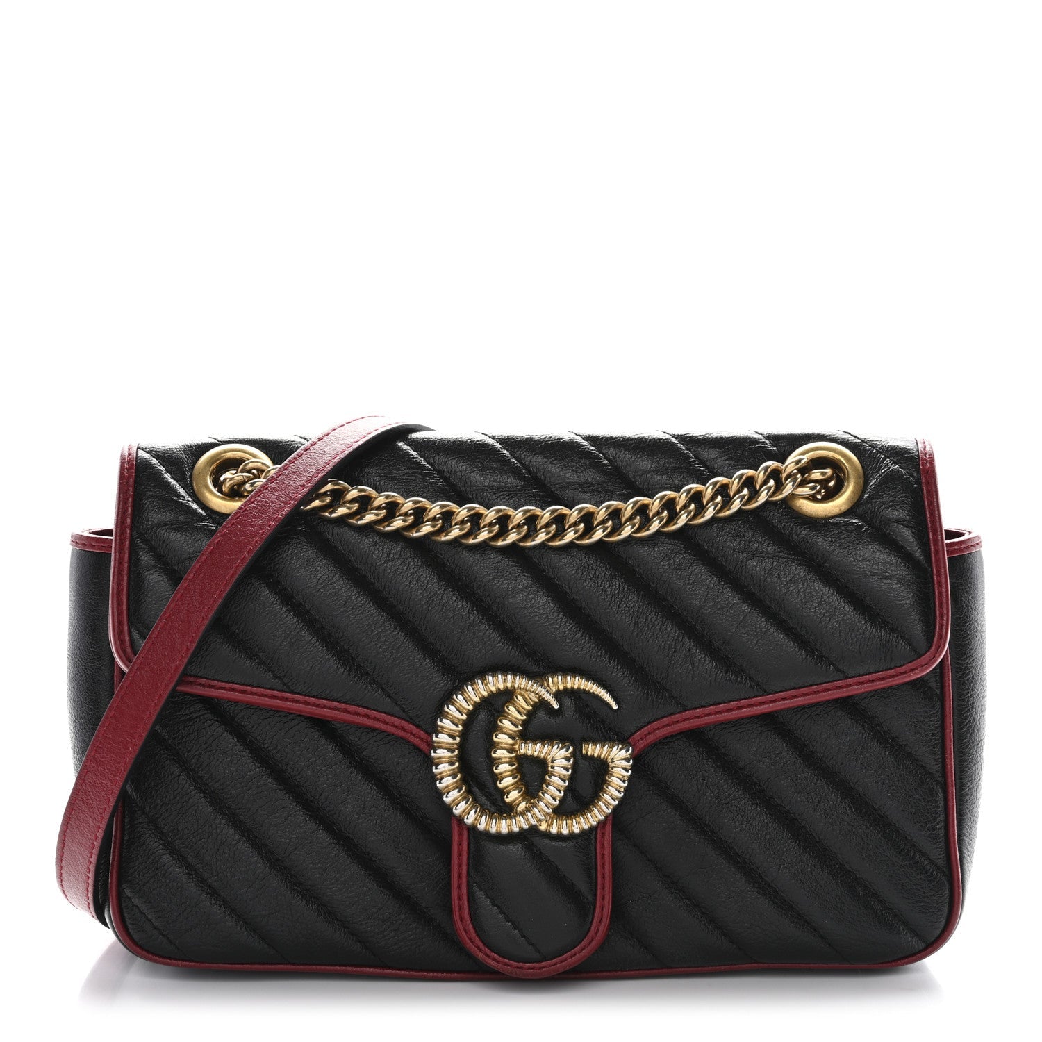 Vintage Effect Calfskin Matelasse Diagonal Small Torchon GG Marmont Shoulder Bag Black Romantic Cherry
