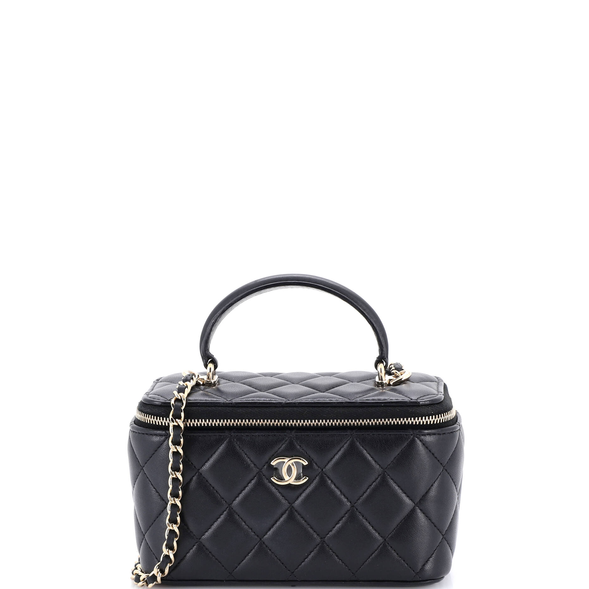 Classic Top Handle Vanity Case with Chain Quilted Lambskin Small