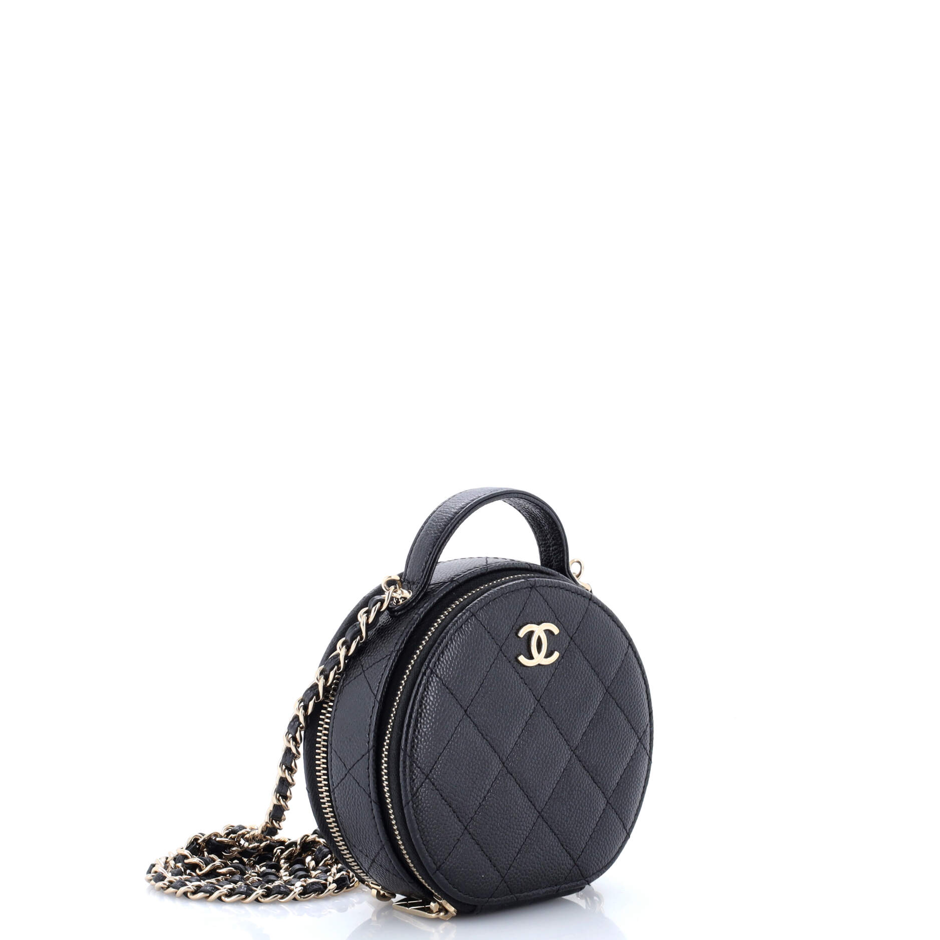 Handle with Care Round Vanity Case with Chain Quilted Caviar Small