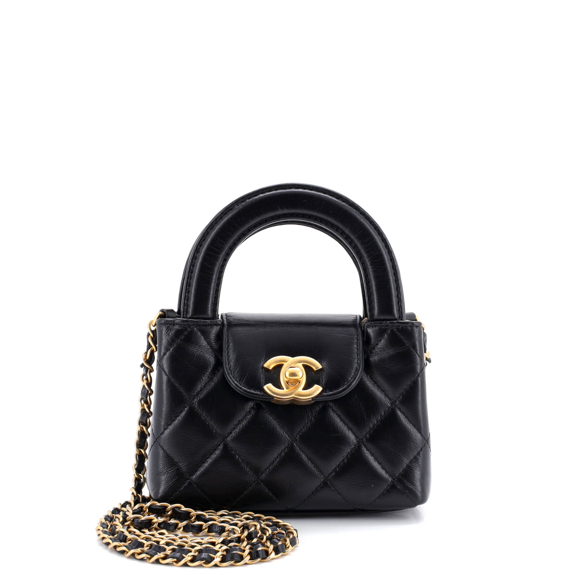 Kelly Top Handle Shopping Bag Quilted Shiny Aged Calfskin Nano