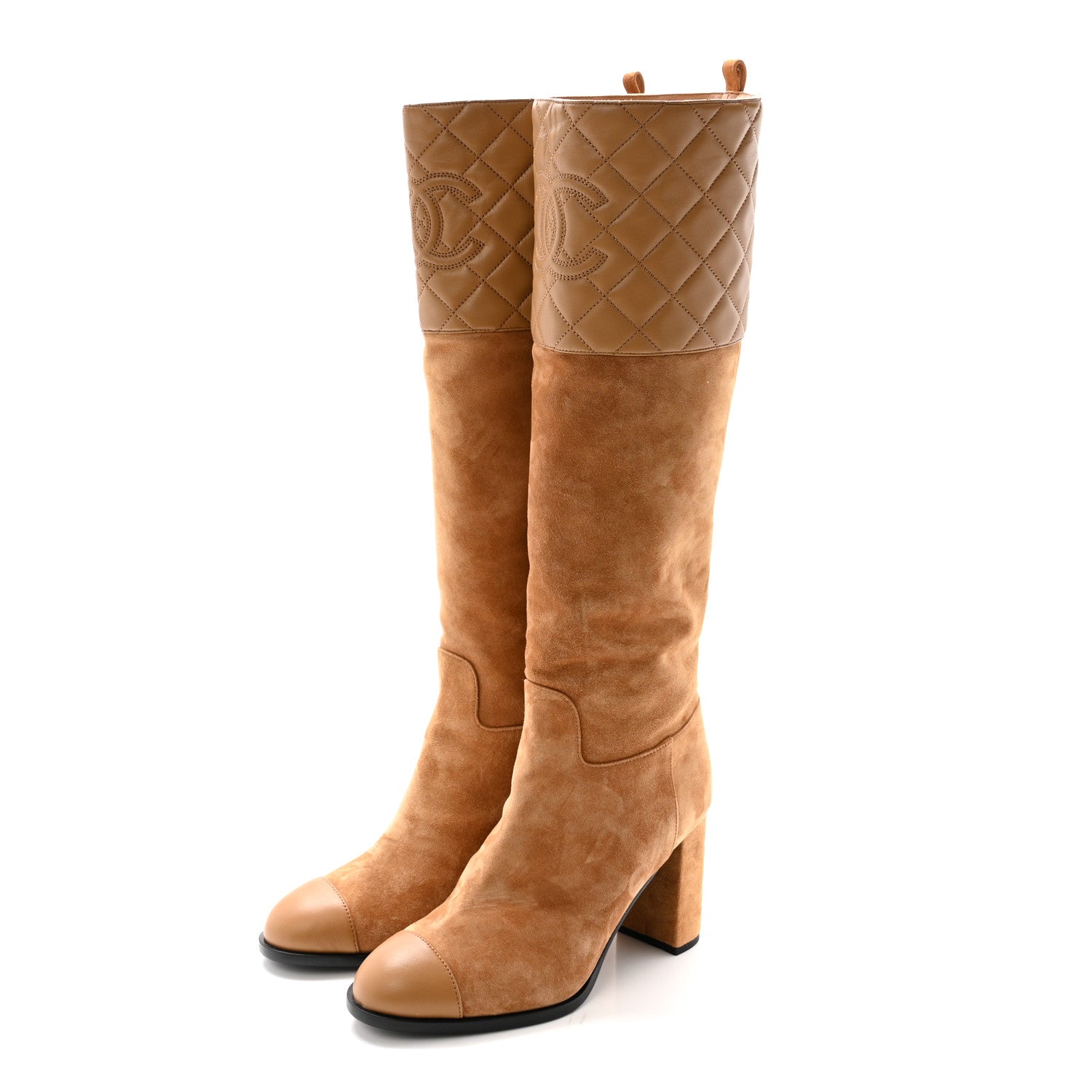 Suede Calfskin Lambskin Quilted Knee High Heel Boots 38 Beige