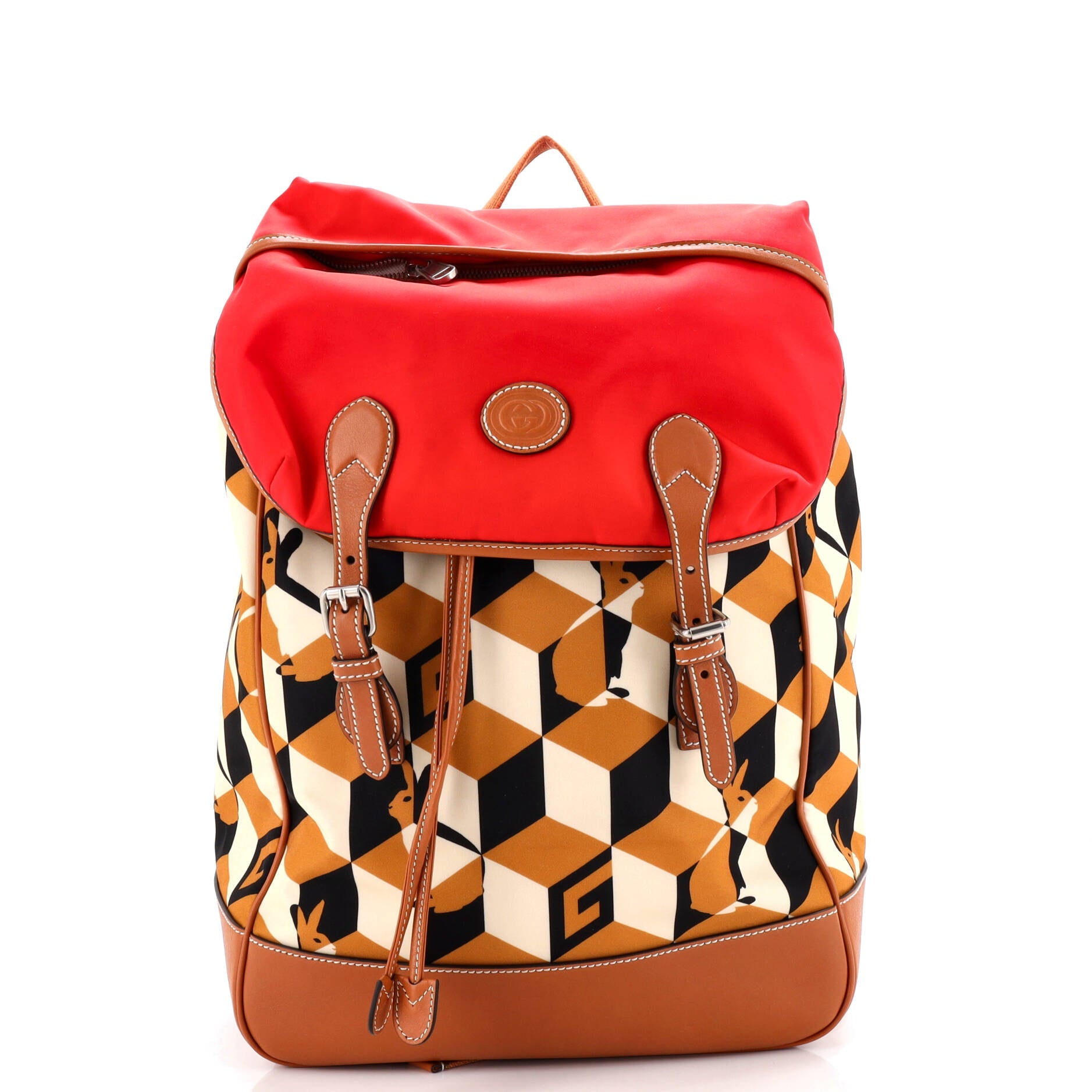 Interlocking G Patch Flap Buckle Backpack Printed Nylon with Canvas and Leather