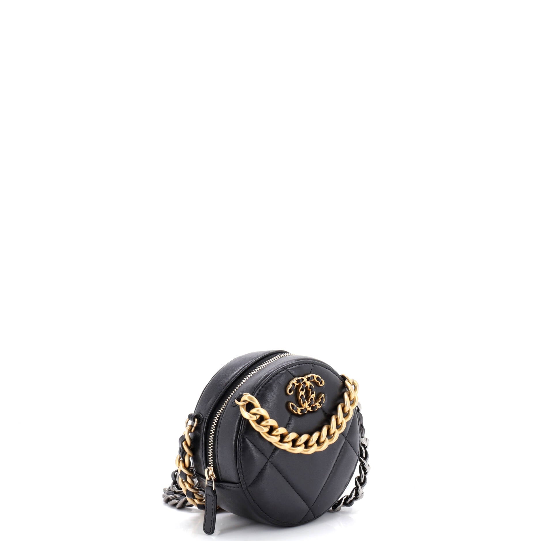 19 Round Clutch with Chain Quilted Leather