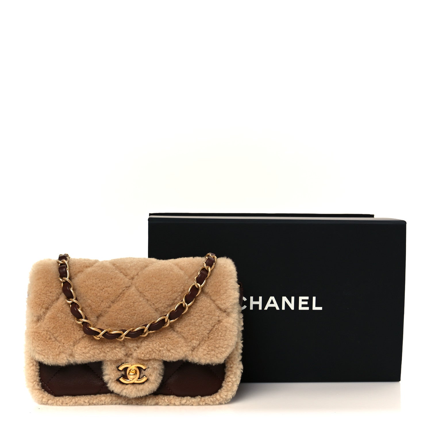Shearling Lambskin Quilted Mini Furry Coco Flap Beige Dark Brown