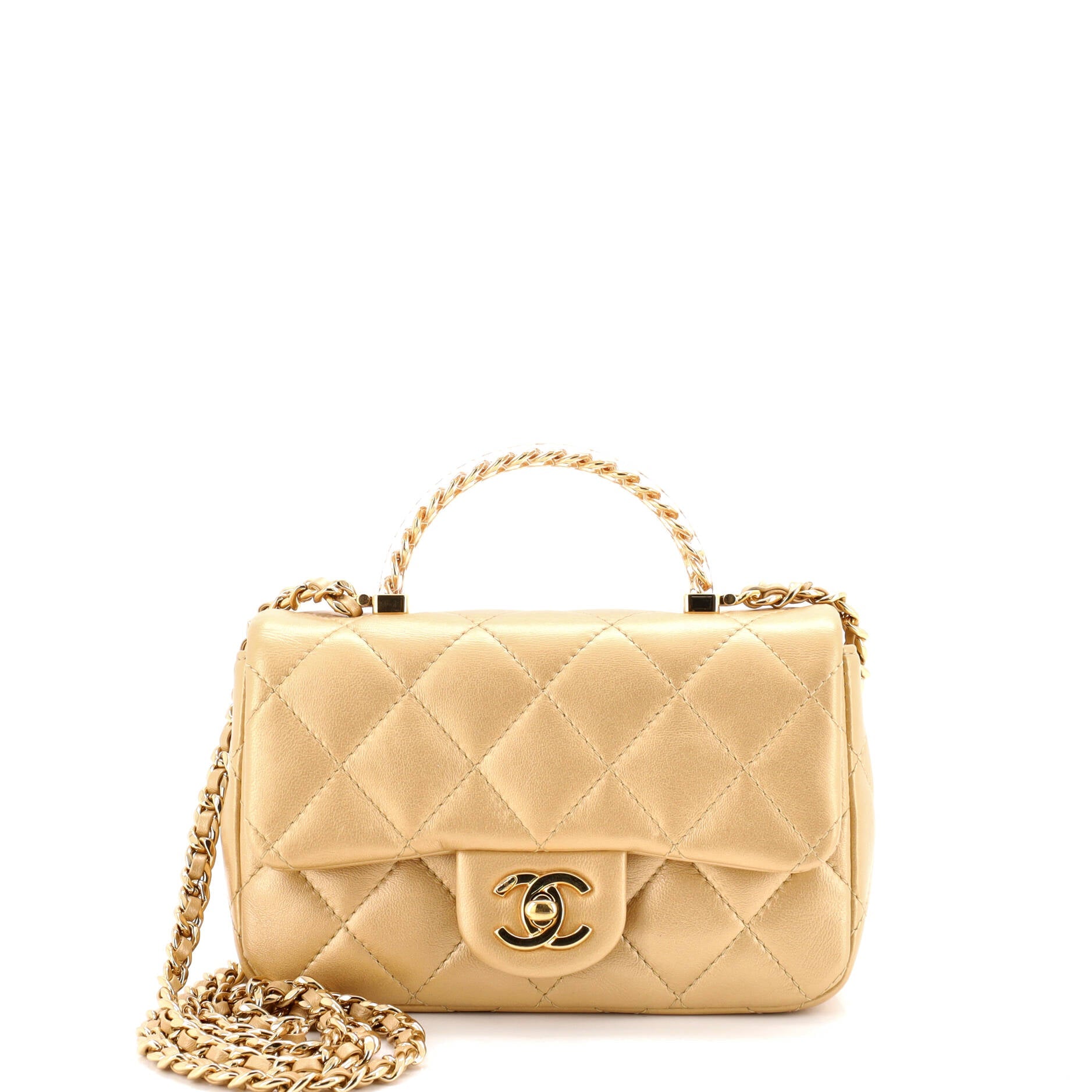 Resin Chain Top Handle Flap Bag Quilted Lambskin Mini
