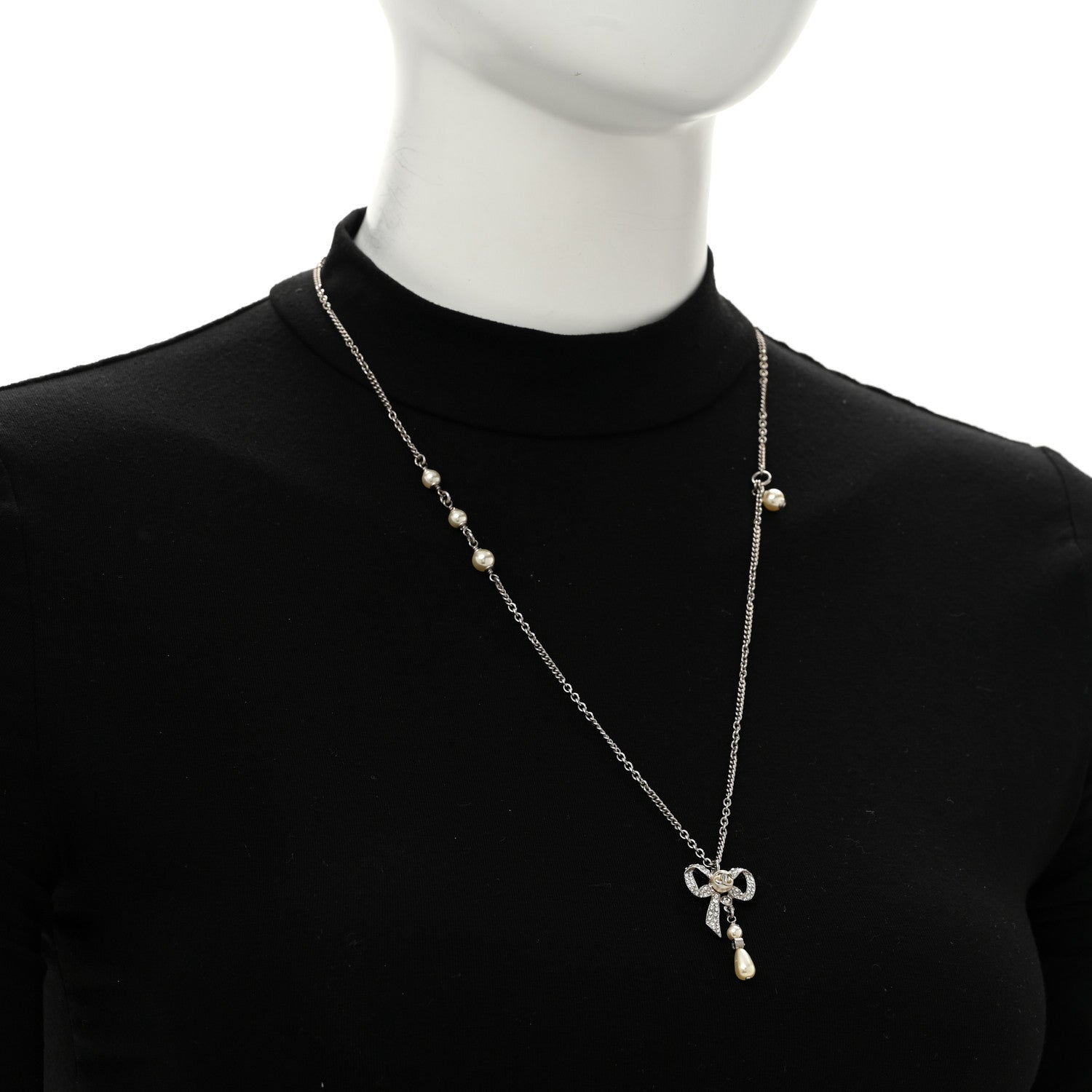 Crystal Pearl Bow CC Necklace Silver