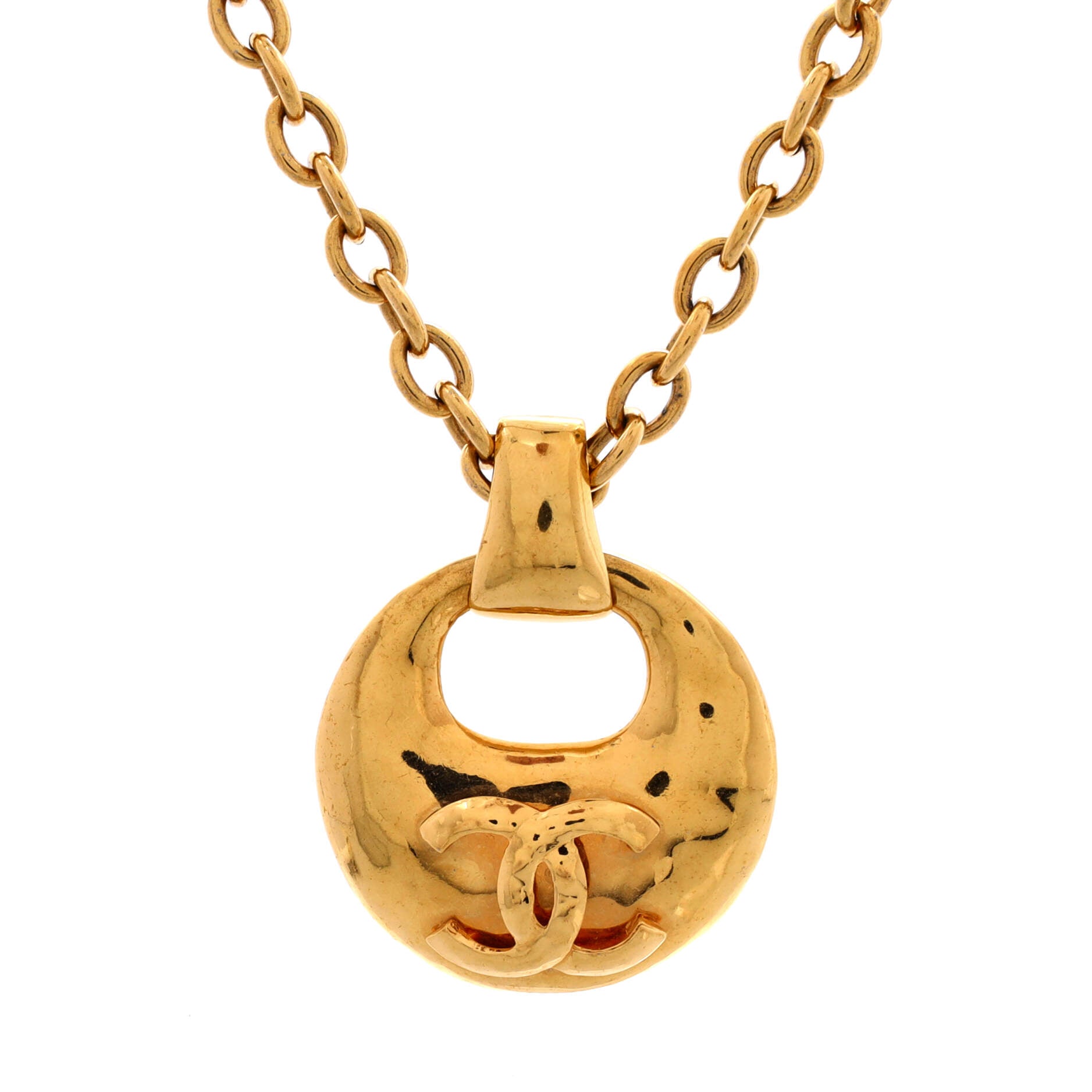 Vintage CC Round Cut-Out Pendant Necklace Metal