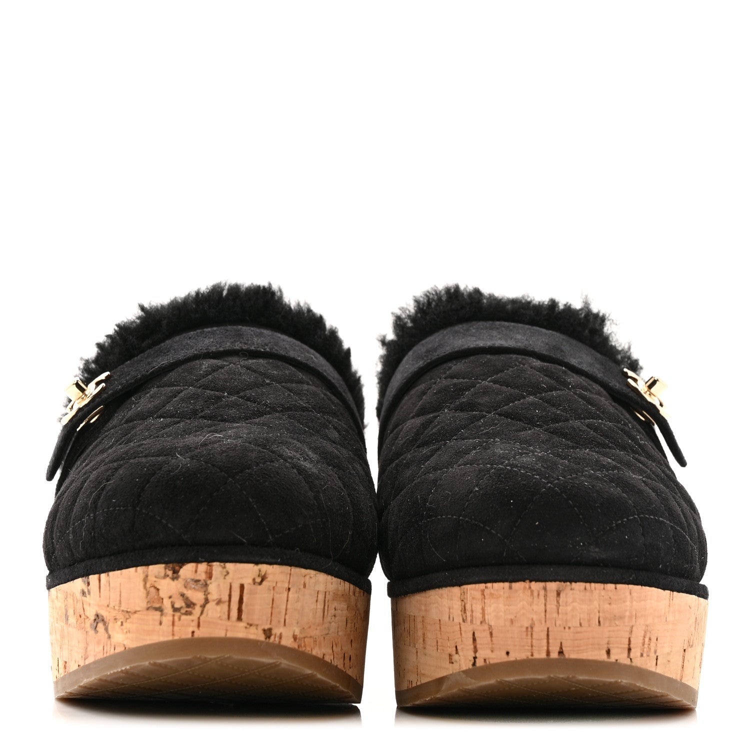 Suede Calfskin Shearling Turn Lock Clogs 41 Black
