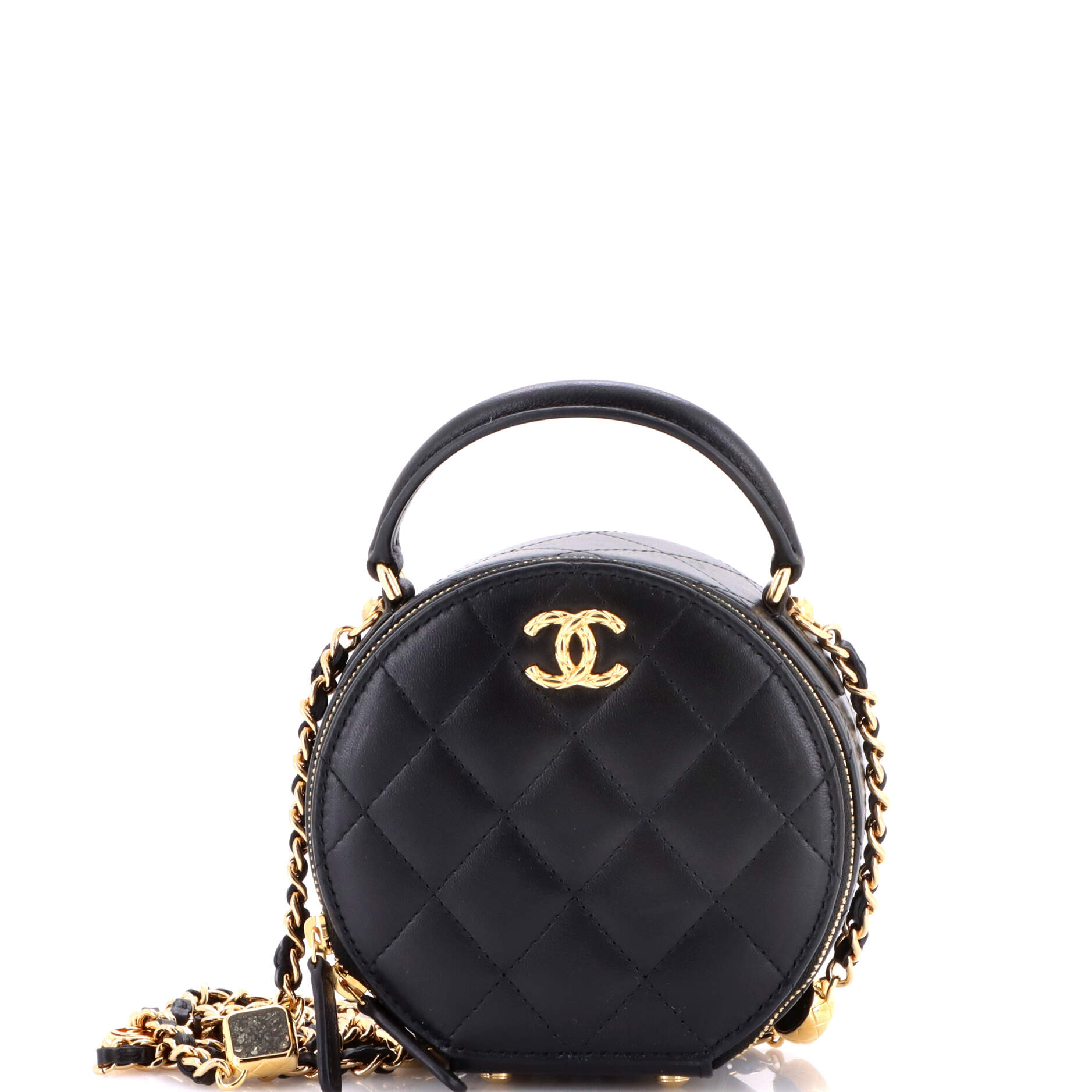 CC Round Top Handle Vanity Case with Chain Quilted Lambskin with Resin Chain Detail Mini