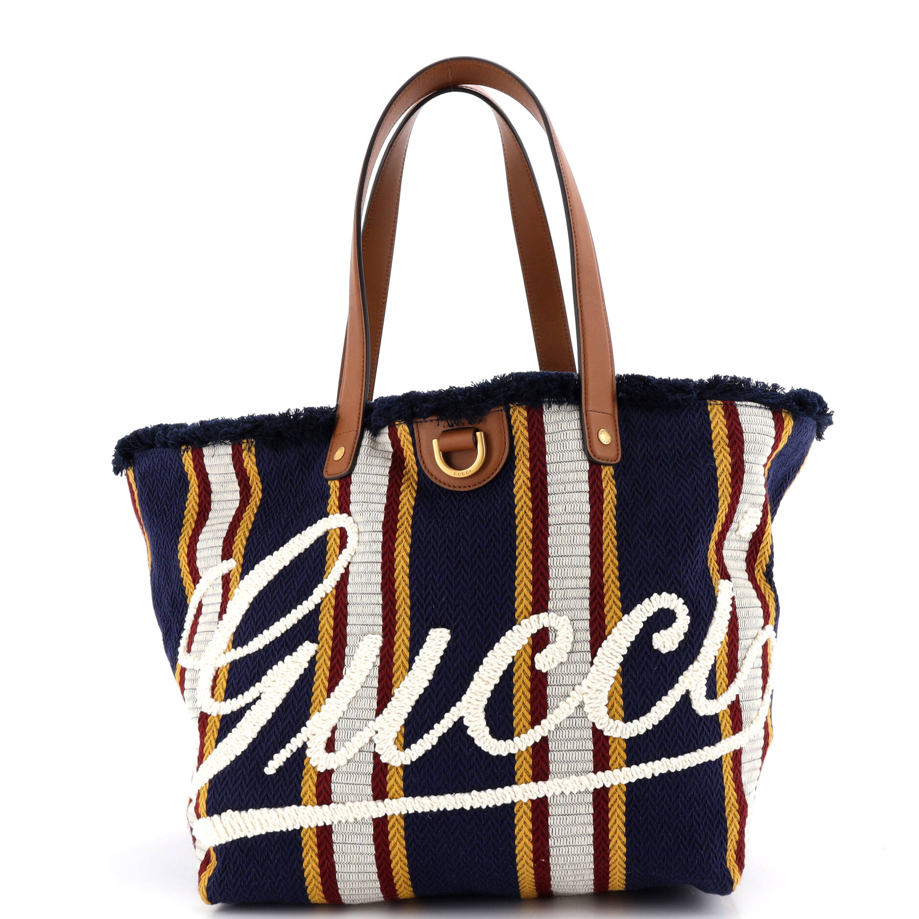 Script Open Tote Embroidered Stripe Canvas with Leather Large