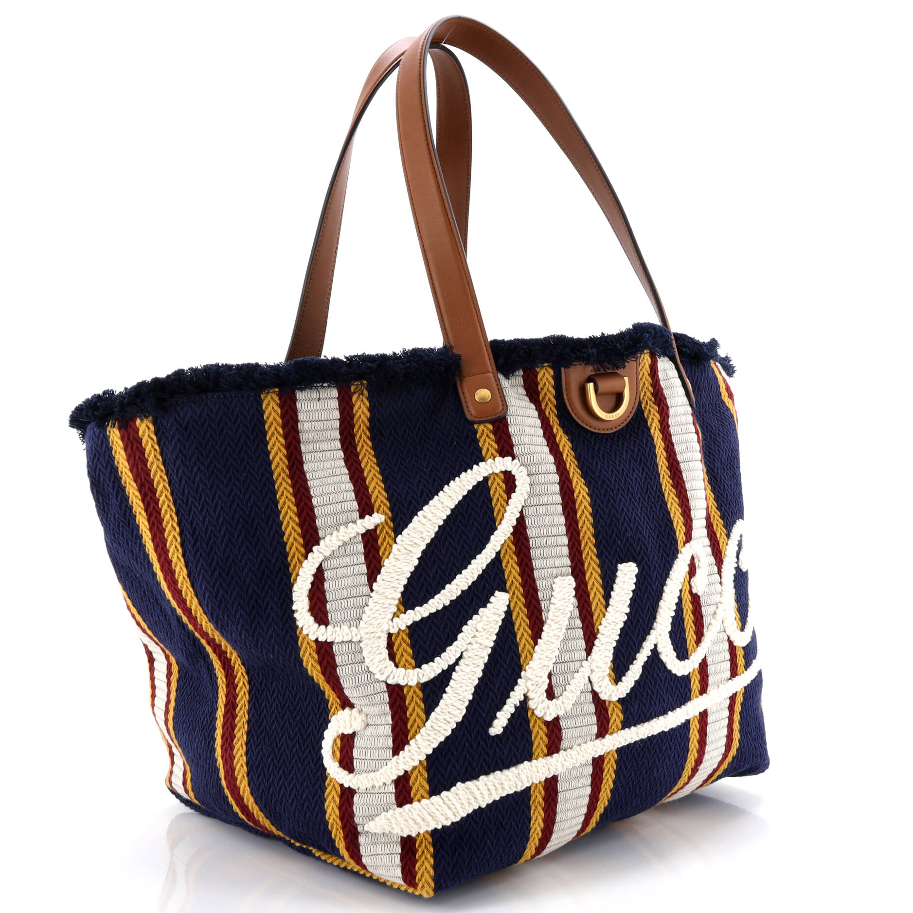 Script Open Tote Embroidered Stripe Canvas with Leather Large