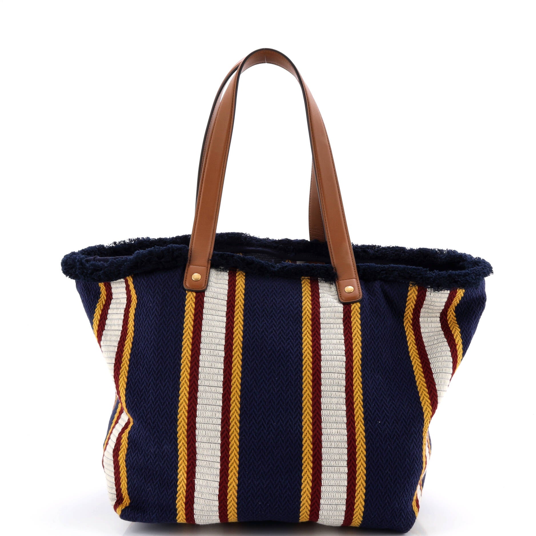 Script Open Tote Embroidered Stripe Canvas with Leather Large
