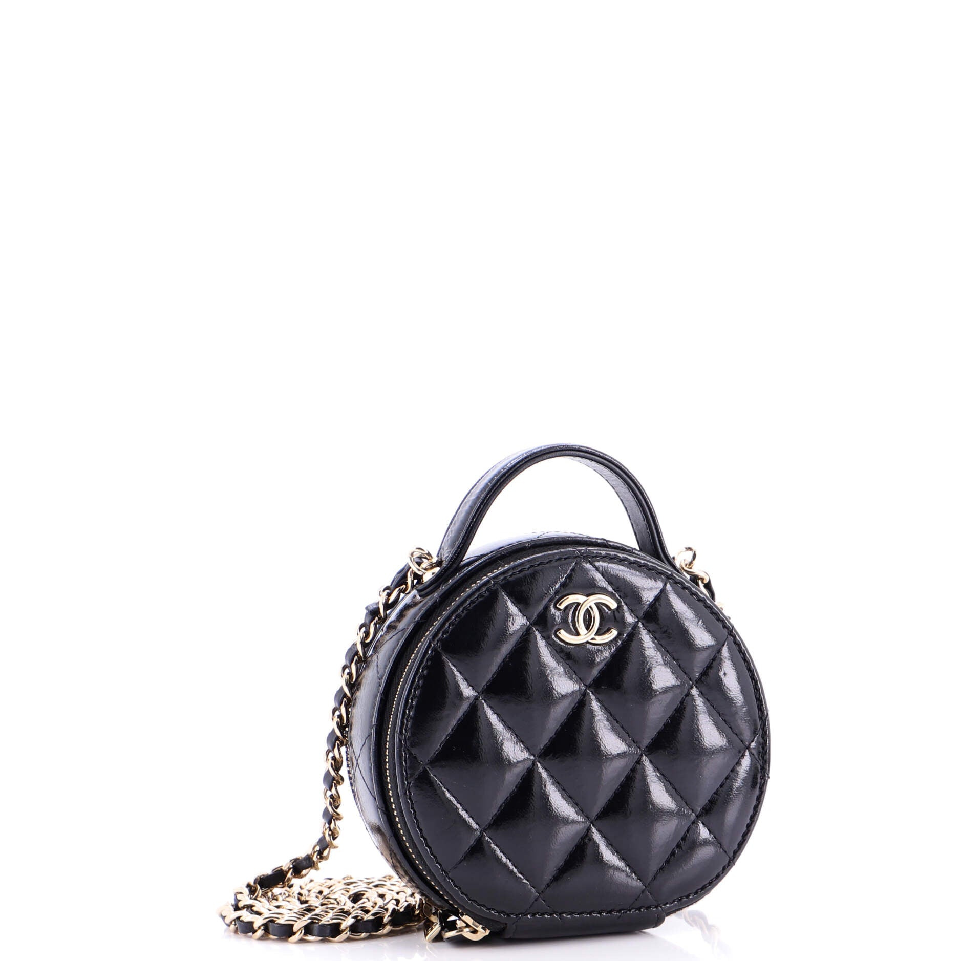 Handle with Care Round Vanity Case with Chain Quilted Lambskin Small