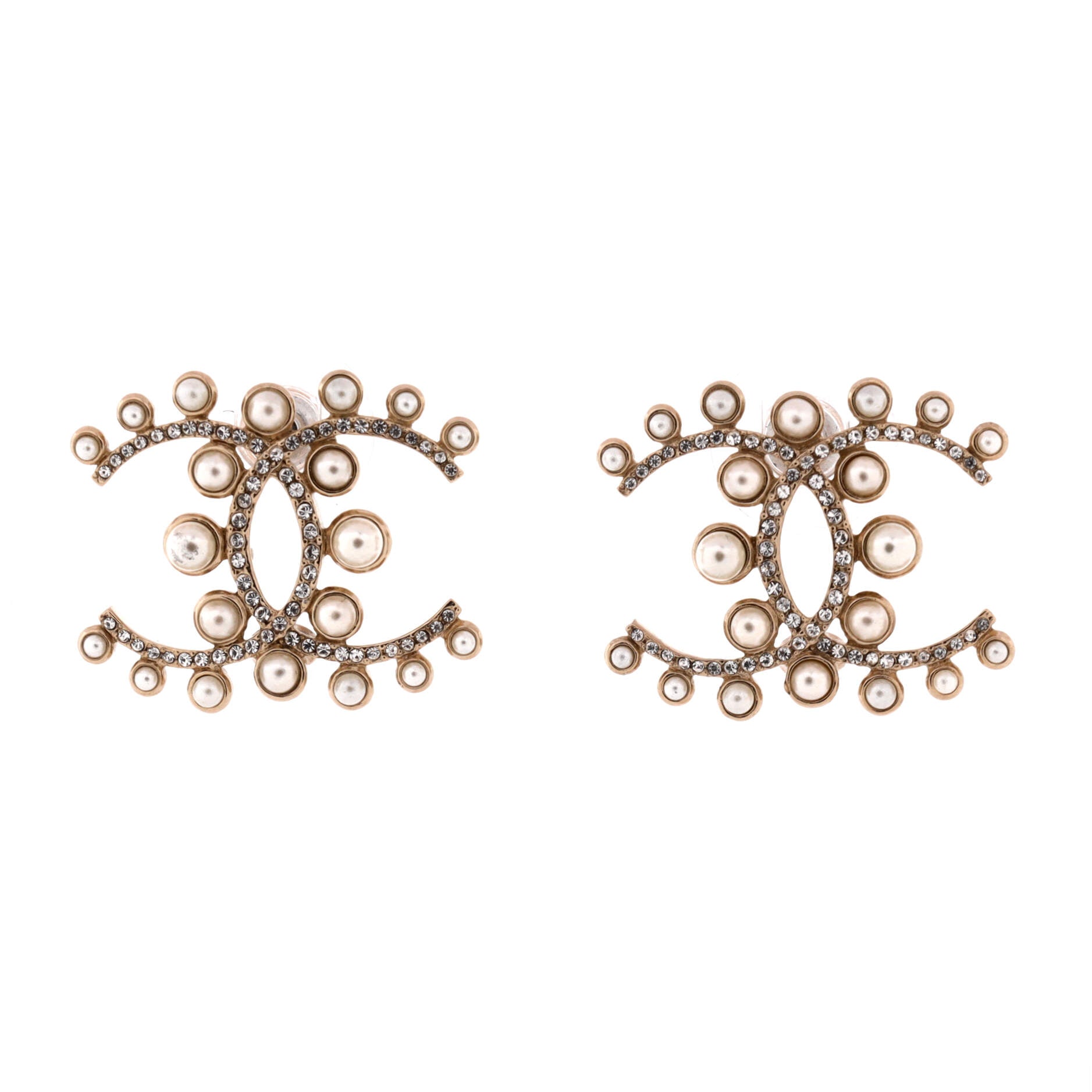 CC Stud Earrings Metal with Faux Pearls and Crystals