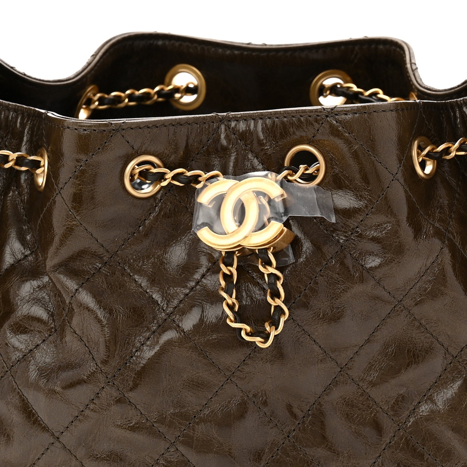 Shiny Crumpled Calfskin Quilted Small Chanel 25 Handbag Khaki