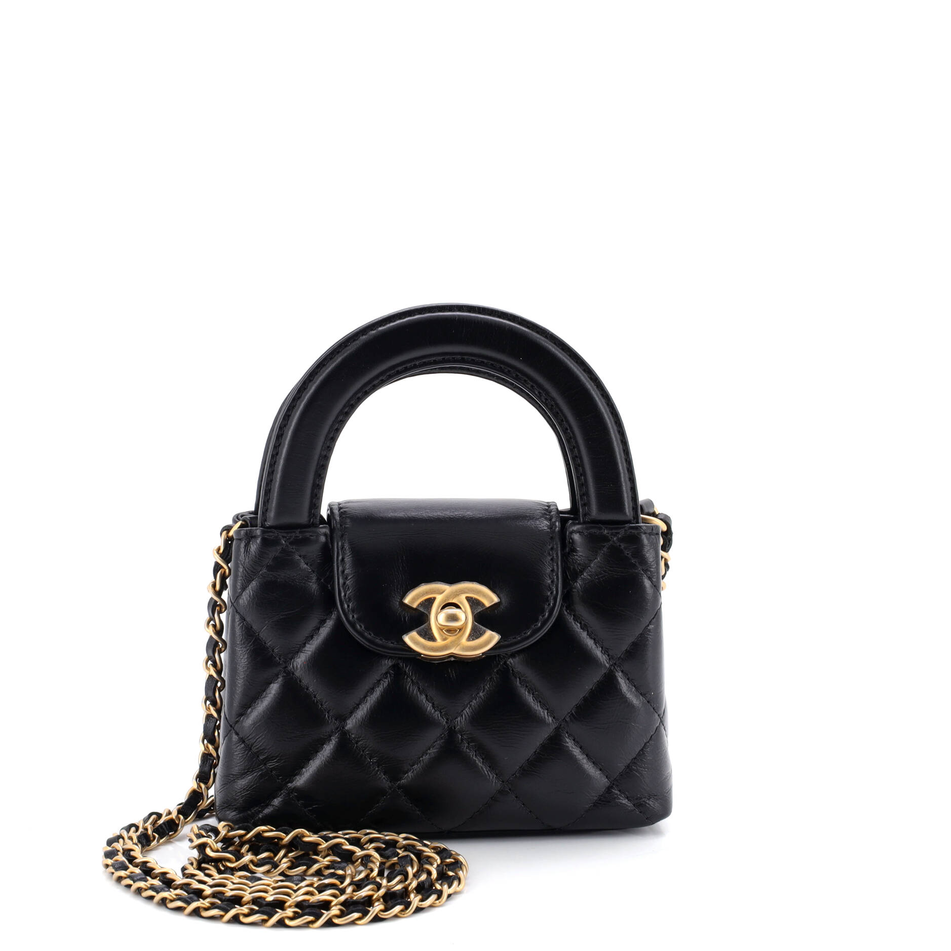Kelly Top Handle Shopping Bag Quilted Shiny Aged Calfskin Nano