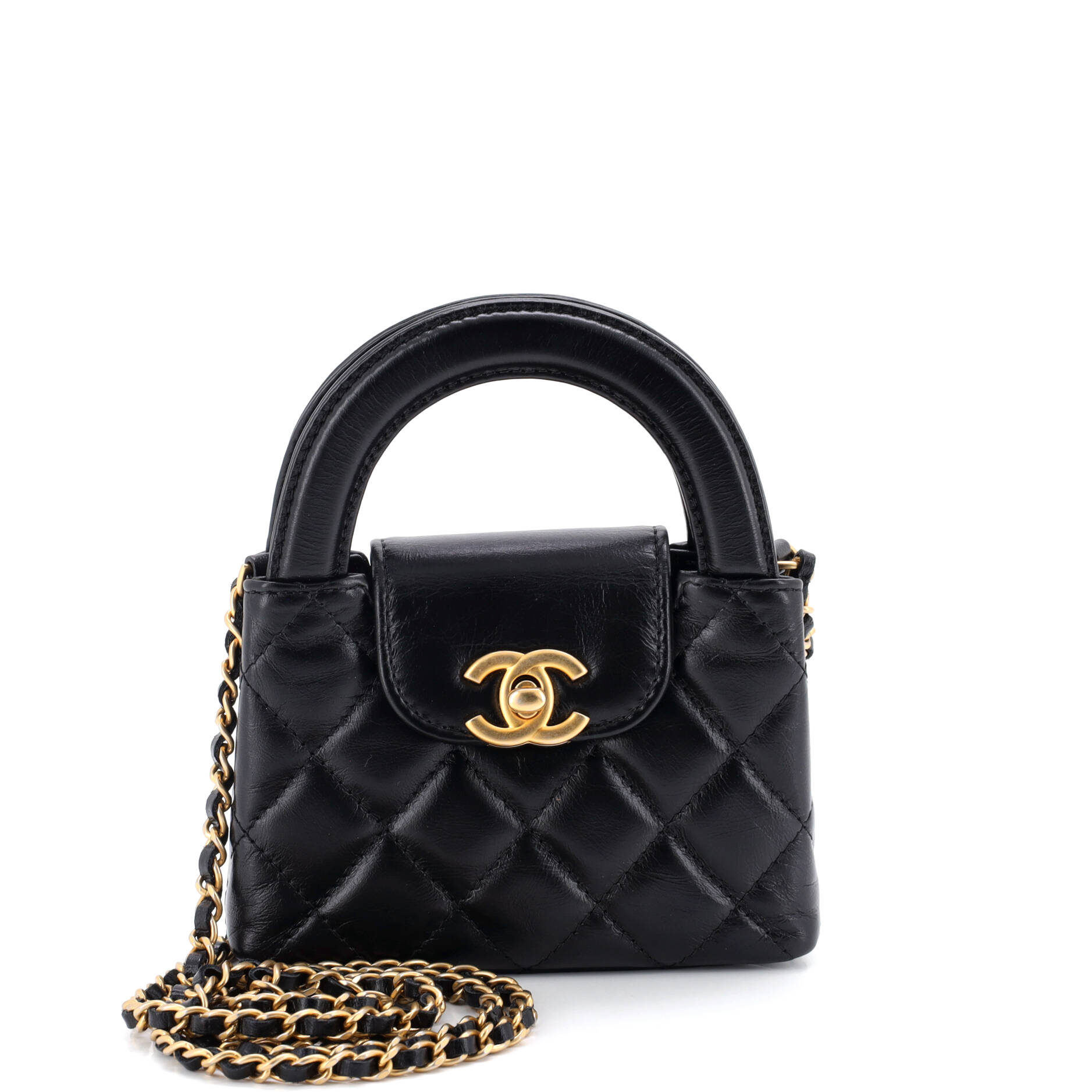 Kelly Top Handle Shopping Bag Quilted Shiny Aged Calfskin Nano
