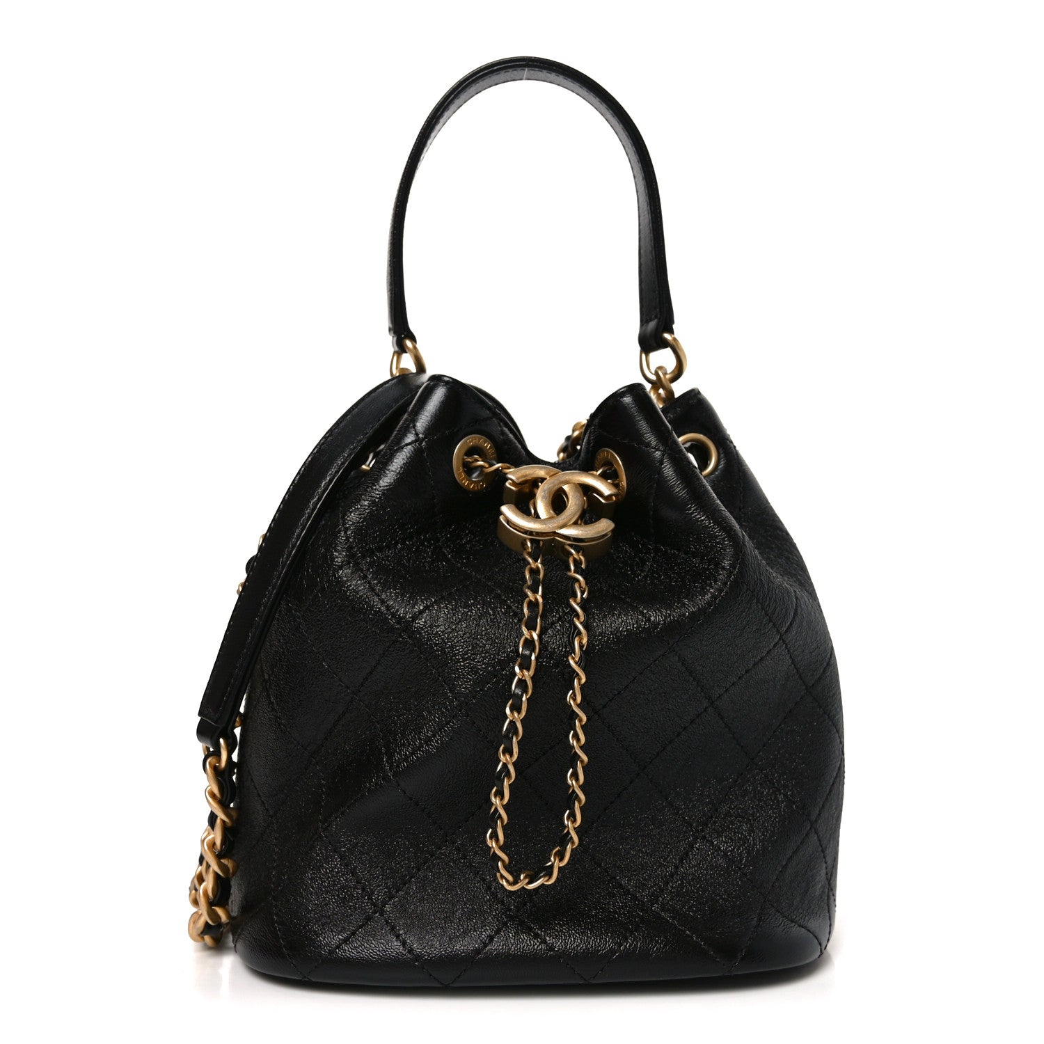 Shiny Lambskin Quilted Fashion Therapy Bucket Drawstring Bag Black
