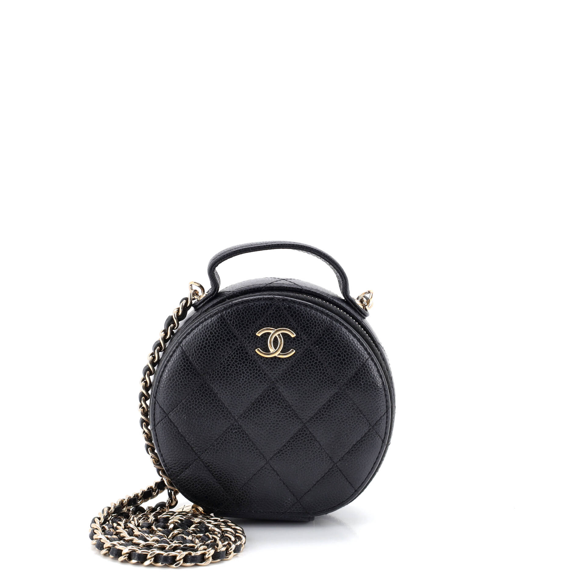 Handle with Care Round Vanity Case with Chain Quilted Caviar Small